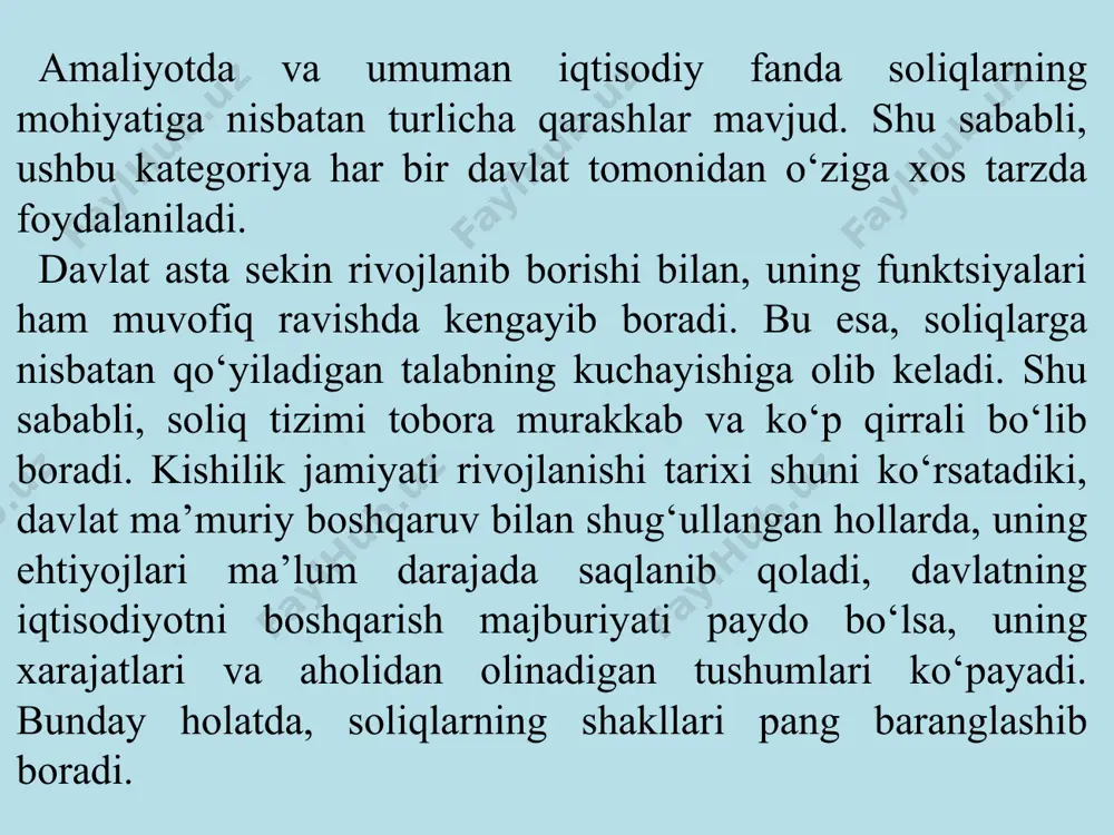 lash. * foyda solig‘ining joriy qilinishi, iqtisodiy mohiyati va ahamiyati o‘zbekiston respublikasi davlat byudjeti daromadlari 1991-yilga qadar asosan davlat korxonalari foydasidan ajratiladigan ajratmalar hisobidan shakllanar edi. ushbu foydadan ajratma davlat tomonidan belgilangan majburiy to‘lov bo‘lib, u korxonalar balans foydasining 90 foizgacha bo‘lgan qismini byudjetga olib ketar, qolgan mablag‘lar esa korxona tomonidan emas, balki yuqori tashkilot topshirig‘iga ko‘ra tegishli jamg'armalarga taqsimlanar edi. bozor munosabatlari rivojlanishi bilan iqtisodiyotni soliqlar yordamida tartibga solish xususan, foydadan ajratmalar o‘rniga daromad solig‘ini joriy etish zarurati paydo bo‘ldi va 1992-yildan boshlab barcha turdagi xo‘jalik yurituvchi subyektlar «daromad» solig‘ini to‘lashga o‘tdilar. * o‘zbekiston respublikasi rubl mintaqasida qolib turgan vaqtda daromad solig‘ini olishga o‘tish pul qadrsizlanishi tufayli ish haqi o‘sishini cheklash uchun davlat tomonidan majburiy chora bo‘ldi. bunday sharoitda ishlab chiqaruvchilarning moliyaviy ahvoli yomonlasha boshladi. natijada mahsulotga talab pasayib, sotishdan olingan tushum hajmi kamaygani holda, ular o‘z ishlab chiqarishlari yo‘nalishini o‘zgartirishga, foyda olmasalar ham juda katta miqdorda ishchilarga ish …