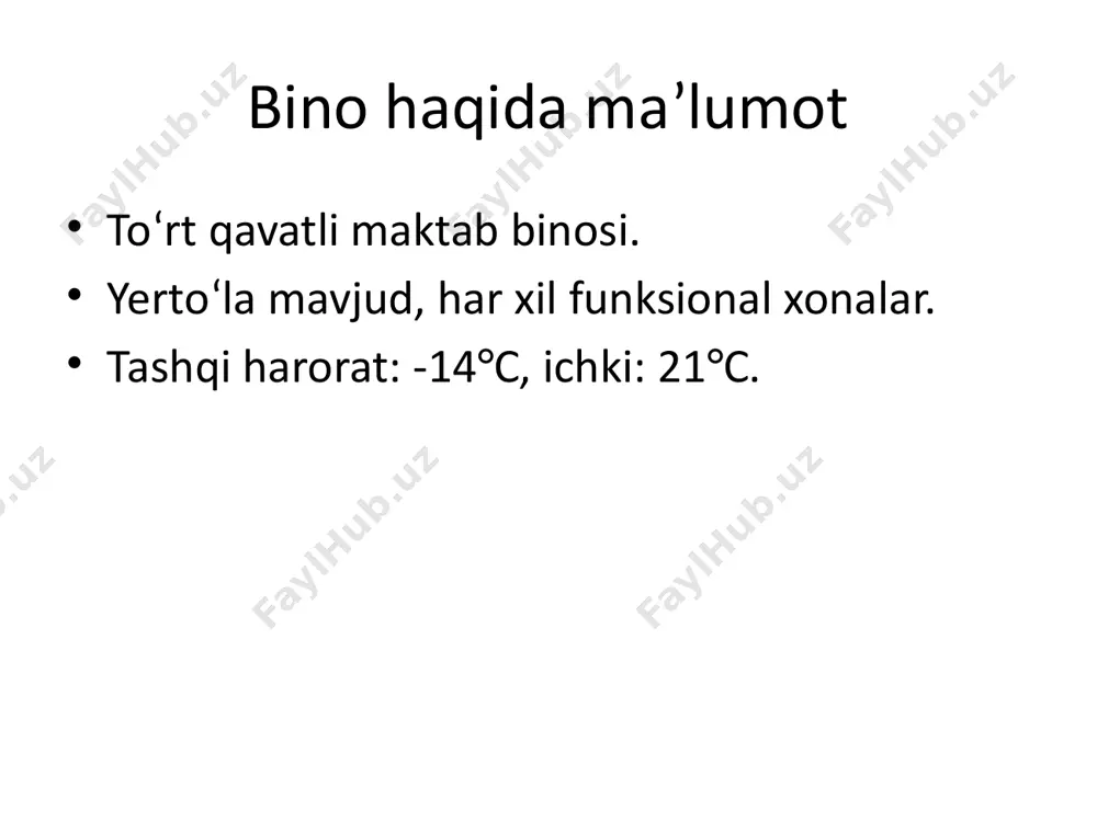 gi, λi​ – qatlamning issiqlik o‘tkazuvchanligi. ushbu qatlamlar bo‘yicha umumiy termik qarshilik formula bilan hisoblandim va keyin tashqi devor uchun r = 1.72 m²·°c/w, bu esa k = 0.58 w/m²·°c issiqlik uzatish koeffitsienti bilan yakunlandi. olingan r qiymati qmq 2.01.04-97* talablariga muvofiq holda bo‘lishi lozim. shundan so‘ng, har bir xona uchun issiqlik yo‘qotishlar quyidagi formula asosida hisoblab chiqildi: bu yerda: f – to‘siq yuzasi, k – issiqlik o‘tkazuvchanlik koeffitsienti, ti - tt​ – ichki va tashqi harorat farqi, β – qo‘shimcha issiqlik yo‘qotilishi koeffitsienti. har bir xona uchun bu formulaga asosan aniq issiqlik sarfi hisoblab chiqildi. misol uchun, janubiy devor orqali 331 vt issiqlik yo‘qotilishi kuzatildi, derazalar orqali esa deyarli 118 vt. issiqlik yo‘qotilishini kamaytirish uchun quyidagi energiya samarador choralari taklif qilindi: 🔹 tashqi devor va tom izolyatsiyasini kuchaytirish, 🔹 deraza va eshiklarni energiya tejamkorlarga almashtirish, 🔹 radiatorlar orqasiga aks ettiruvchi materiallar joylashtirish, 🔹 termostatli klapanlar va avtomatik boshqaruv tizimi …