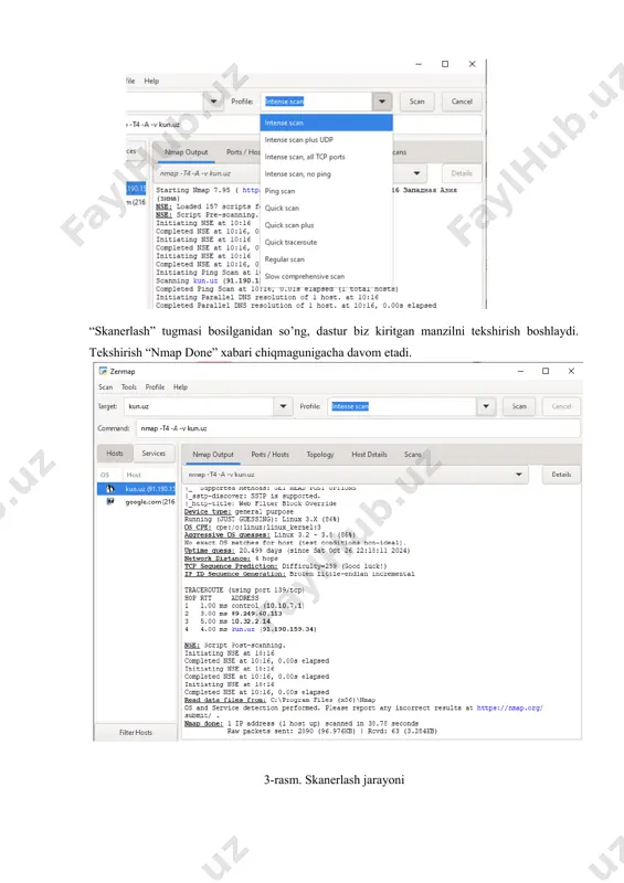 nmap dasturi ortqali biz web sahifalarning ochiq va yopiq portlarini scan qilish orqali malumotlarni tekshirdik va xavfsizlik darajasini baxoladik, va bud astur orqali biz saytlarning qanday topologiyada tuzilganini ko’rib bilib oldik.web saytlarning ipv4 larini ko’rib uni qanday tuzilganini bilib oldik. foydalanilgan adabiyotlar: https://nmap.org/man/ru/man-port-scanning-techniques.html bajardi: yuldashbayeva shahzoda image6.png image7.png image8.png image9.png image1.png image2.png image3.png image4.png image5.png