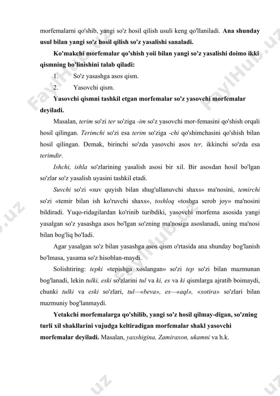 os​dan hosil bo'lgan so'zlar so'z yasalish uyasini tashkil etadi. suvchi so'zi «suv quyish bilan shug'ullanuvchi shaxs» ma'nosini, temirchi so'zi «temir bilan ish ko'ruvchi shaxs», toshloq «toshga serob joy» ma'nosini bildiradi. yuqo-ridagilardan ko'rinib turibdiki, yasovchi morfema asosida yangi yasalgan so'z yasashga asos bo'lgan so'zning ma'nosiga asoslanadi, uning ma'nosi bilan bog'liq bo'iadi. agar yasalgan so'z bilan yasashga asos qism o'rtasida ana shunday bog'lanish bo'lmasa, yasama so'z hisoblan-maydi. solishtiring: tepki «tepishga xoslangan» so'zi tep so'zi bilan mazmunan bog'lanadi, lekin tulki, eski so'zlarini tul va ki, es va ki qismlarga ajratib boimaydi, chunki tulki va eski so'zlari, tul—«beva», es—«aql», «xotira» so'zlari bilan mazmuniy bog'lanmaydi. yetakchi morfemalarga qo'shilib, yangi so'z hosil qilmay-digan, so'zning turli xil shakllarini vujudga keltiradigan morfemalar shakl yasovchi morfemalar deyiladi. masalan, yaxshigina, zamiraxon, ukamni va h.k. yuqorida qora harflar bilan berilgan morfemalar shakl yasovchi morfemalardir. shakl yasovchi morfemalar sintaktik munosabatni bildirish-bildirmasligiga ko'ra ikki guruhga bo'linadi: 1. sintaktik munosabat bildirmaydigan morfemalar. bun​day morfemalar …
