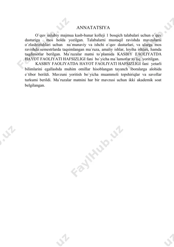 a ularda harakatlanish tartibi haqida ma’lumot berishni, zilzila oqibatlaridan muhofazalanish usullarini, tarbiyachining bolaga zilzilada birinchi tibbiy yordam berish tartibini biladi; · gidrometeorologik xavfli hodisalar bilan bog’liq favqulodda vaziyatlar hamda ularda xavfsizlik qoidalariga rioya etishni; · mttda abolalarni yo`l harakati havfsizligi qoidalari bilan tanishtishni, bolalarn iyo`l belgilari bilan tanishtirishni; · sayohat va turizm vaqtida bolalar hayotini muhofaza qilishni; · tarbiyachining elektr jihozlaridan to`g`ri foydalanish qoidalarini, elektr shikastlanganda birinchi tibbiy yordam berish tartibini bilish; · mttda favqulodda vaziyatlar yuzaga kelganda birinchi tibbiy yordam va o’z-o’ziga yordam ko’rsatishni; · ekologik muhit buzilishining inson hayotiy faoliyatiga zararli tasiri va uning natijasida yuzaga kelayotgan muammoli vaziyatlarni bilib oladi. bilimlar · hayot faoliyati xavfsizligi borasidagi o’zlarining vazifalari, huquq va majburiyatlari; · favqulodda vaziyatlarning oldini olish va oqibatlarini bartaraf etish borasidagi huquqiy-meyoriy hujjatlar mohiyati; · turli tusdagi xavf-xatarlarni keltirib chiqaruvchi manbaalar turlari; · favqulodda vaziyatlarning turlari, sabablari, belgilari va zararli oqibatlari; · favqulodda vaziyatlarda tezkor yordam beruvchi …