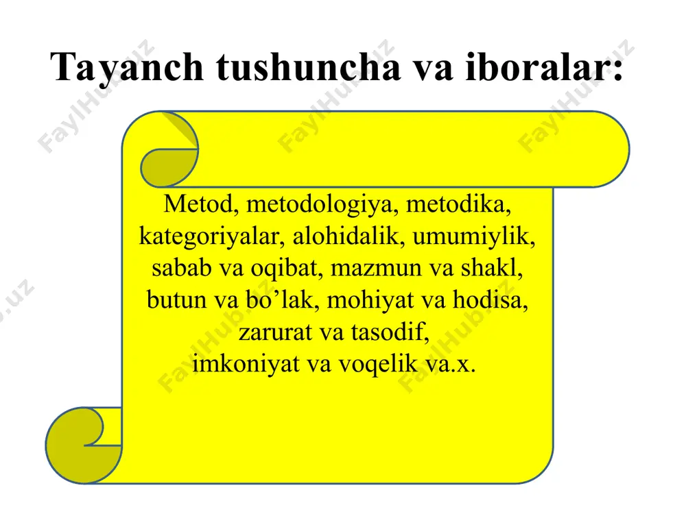 i chaki almashinmaydi, balki eski ning bag’rida vujudga kelib, undan foydalanib qaror topadi). yangi eski bilan vorisiy bog’liqdir(yangiga o’ti- layotganda eski butunlay tashlab yuborilmaydi, balki uning ijobiy tomonlari saqlanib qo- ladi va rivojlanish davom ettiriladi). bu qonun tufayli taraqqiyot to’g’ri chiziq shaklida emas, doira shaklida bo’ladi, uning oxirgi nuqtasi boshlang’ich nuqtaga yaqinlashadi. lekin nuqtalar tutashmaydi, balki yuqori bosqichda spiral shaklga ega bo’ladi. * “kategoriya” yunoncha so’z bo’lib, uning lug’aviy ma’nosi “guvoh”, “ta’rif”, “ifodalovchi” demakdir. dialektikaning asosiy kategoriyalari voqelikning eng umumiy aloqadorligini aks ettiruvchi voqelikning tuzilishini aks ettiruvchi voqelikdagi narsa va hodisalar o’rtasidagi sababiyatni aks ettiruvchi sabab va oqibat, zaruriyat va tasodif, imkoniyat va voqelik mazmun va shakl, qism va butun, struktura, element ayrimlik, xususiylik va umumiylik, mohiyat va hodisa, qonuniyat * kategoriya tushunchasiga umumiy ta’rif umuman olganda, kategoriya quyidagi xususiyatlarni o’ziga qamrab oladi: «kategoriya» olamdagi munosabat, bog’lanishlarni ifodalovchi umumiy mazmun va xususiyatga ega falsafiy tushunchadir; b) kategoriyalar moddiy olamdagi hayotni …