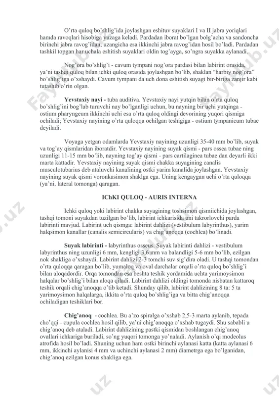 rab qayrilib, quloq suprasining yumshog’i - lobulus auriculae gacha davom etadi. quloq suprasining chetki qiyg’i - helix ga parallel yo’nalgan bo’rtma bor, bunga anthelix deyiladi. tashqi eshituv yo’li - meatus aeatus externus quloqning tashqi teshigi bilan nog’ora pardasi orasida joylashgan “s” simon kanal bo’lib, uzunligi 30-33 mm dan oshmaydi. tashqi eshituv yo’li qiyshiq bo’lganligi sababli uncha uzoq joylashmagan nog’ora pardasi quloq teshigidan qaralganda ko’rinmaydi. nog’ora pardani ko’rish uchun quloq suprasini yuqoriga va orqa tomonga tortish (tashqi eshituv kanalini to’g’rilash) kerak. tashqi eshituv kanali ikki qismdan6 tashqi tog’ay va ichki suyak qismlaridan iborat. quloqning nog’ora prdasi. nog’ora parda - membrana tympani tashqi eshituv yo’lini o’rta quloq bo’shlig’idan ajratib turadi. tashqi eshituv yo’li deb ataluvchi aylana ariqcha bilan tugaydi, nog’ora pardaning cheti - limbus membranae tympani ana shu ariqchaga soat oynasi o’z korpusiga joylashganidek o’rnashadi. nog’ora pardaning sulcus tympanicus ga birikish yerida anulus fibrocartilagineus deb ataluvchi fibroz halqa bor. nog’ora parda doira …
