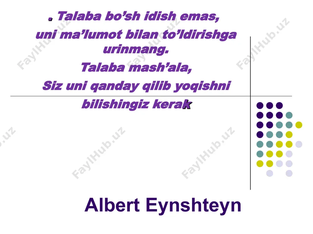 arishga tayyorlikni tavsiflovchi hamda mustaqil omil sifatida iqtidorlilikning tarkibiga kiruvchi ijodiy qobiliyati p.torrens fikricha, “kreativlik” tushunchasi negizida quyidagilar yoritiladi: muammoga yoki ilmiy farazlarni ilgari surish; - farazni tekshirish va o’zgartirish; - qaror natijalarini shakllantirish asosida muammoni aniqlash; - muammo yechimini topishda bilim va amaliy harakatlarnining o’ziga xosligi qog’oz qisqichi (skiribka)ni 15 ta vazifasini yozing daftaringizga. kreativlik sifatlari ijodiy yo’nalganlik refleksiya qobiliyati ijodiy ta’sirchanlik va tashabbuskorlik eruditsiya (bilag’onlik) mantiqiy fikrlay olish hissiyotga boylik o’z ijodkorligini to’la to’kis namoyish etish boy tasavvur mavjud tajriba va bilimlar asosida yangi qarorlarni qabul qilish malakasi bolalarda kreativlikni rivojlantirishda quyidagilarga e’tabor qaratish zarur: 1) ular tomonidan ko’p savollar berilishilishini rag’batlantirish va bu odatda qo’llab-quvvatlash; 2) bolalarning mustaqilligini rag’batlantirish va ularda javobgarlikni kuchaytirish; 3) bolalar tomonidan mustaqil faoliyatni tashkil etilishi uchun imkoniyat yaratish; quyidagi omillar shaxsda kreativlikni rivojlantirishga to’sqinlik qiladi: 1) o’zini tavakkaldan olib qochish; 2) fikrlash va xatti-harakatlarda qo’pollikka yo’l qo’yish; 3) shaxs fantaziyasi va tasavvurining …