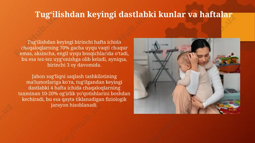 reaksiyalari, ayniqsa onasi bilan, amerika psixologi jeyn atvud tomonidan o'rganilganidek, bola rivojlanishida juda muhim rol o'ynaydi va kelajakdagi ijtimoiy munosabatlariga ta'sir qiladi. 6 oylikdan boshlab chaqaloqlarda begonalarga nisbatan qo'rquv (begona qo'rquvi) kuzatiladi, bu esa ularning xavfsizlik hissiyotining rivojlanayotganligini va atrof-muhitga moslashish jarayonining boshlanishini ko'rsatadi. jismoniy rivojlanishning psixologik jihatlari 0-3 yoshgacha bo'lgan chaqaloqlarda sensorli idrokning jadal rivojlanishi, xususan, qo'l va og'iz orqali dunyoni o'rganish jarayonida, taxminan 6 oyligida ob'ekt turg'unligi tushunchasi shakllana boshlaydi. 1 yoshga kelib, chaqaloqlar oddiy ko'rsatmalarga bo'ysunishni, masalan, "ber", "ol" kabi so'zlarga javob berishni o'rganadilar va bu moskva shahri psixologlarining tadqiqotlariga ko'ra 70% chaqaloqlarda kuzatiladi. fikrlashning boshlang‘ich shakllari 1 yoshga kelib, ko'pchilik chaqaloqlar oddiy so'zlarni tushunishni va bir necha so'zdan iborat gaplarni ishlatishni boshlaydi, bu esa broka va vernike sohalarining rivojlanishini aks ettiradi. 6 oyligidan boshlab chaqaloqlar ob'ektlarning doimiyligini tushuna boshlaydi, ya'ni narsa ko'zdan yo'qolsa ham mavjudligini anglaydi, bu esa piagetning kognitiv rivojlanish nazariyasi bo'yicha muhim bosqich hisoblanadi. …