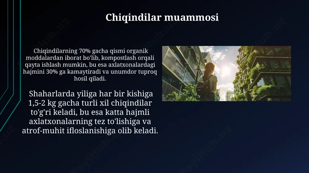 dilari global miqyosdagi emissiyaning 70% dan ortig'ini tashkil etadi, bu esa iqlim o'zgarishiga va ekstremal ob-havo hodisalarining ko'payishiga olib keladi. suvning ifloslanishi va tanqisligi avtomobil transportining zichligi shaharlardagi havo ifloslanishining 70% ga yaqinini tashkil etadi, bu esa yiliga minglab odamlarning sog'lig'iga salbiy ta'sir ko'rsatadi va o'limga olib kelishi mumkin. shaharlardagi suv tanqisligi muammosi, aholining 60% dan ortig'i markazlashtirilmagan suv manbalaridan foydalanishi va suv tejaydigan texnologiyalarning past darajada qo'llanilishi bilan bog'liq. e'tiboringiz uchun rahmat @taqdimot_robot image1.jpg image2.jpg image3.jpg image4.jpg image5.jpg image6.jpg image7.jpg image8.jpg image9.jpg image10.jpg