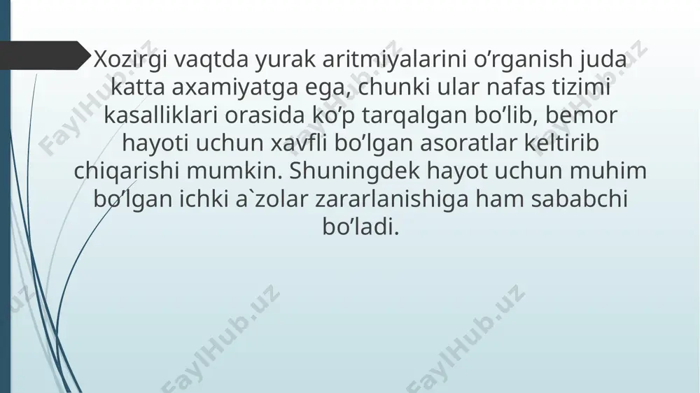 kismlari va purkin`e tolalari esa 3 tartibdagi ritm xaydovchisi bulib xisoblanadi va 1 dakikada 20-40 tagacha impul`slar ishlab chikaradi. yurak kuzgalishlari meyorida sinus tugunidan chikkan impul`slar xisobiga yuzaga keladi. chunki sinus tuguni meyorida uzidan pastda joylashgan ritm xaydovchilarining avtomatizmini susaytirib turadi. maboda sinus tugunida zararlanish paydo bulganda ritm xaydovchisi funktsiyasini pastda joylashgan ii va iii tartibdagi avtomatizm markazlari olishi mumkin. aritmiyalar tasnifi i. avtomatizm funktsiyasi buzilishi bilan boglik aritmiyalar sinus taxikardiyasi sinus bradikardiyasi sinus aritmiyasi sinus tuguni kuvvatsizligi ii. kuzgaluvchanlik funktsiyasi buzilishi bilan boglik aritmiyalar ekstrasistoliya a). bulmachalar ekstrasistoliyasib). av birikma ekstrasistoliyasi v). korinchalar ekstrasistoliyasi paroksizmal taxikardiya a). bulmachalar paroksizmal taxikardiyasi b). av birikma paroksizmal taxikardiyasi v). korinchalar paroksizmal taxikardiyasi iii. kuzgaluvchanlik va utkazuvchanlik funktsiyasi buzilishi bilan boglik aritmiyalar titrok aritmiyasi a). bulmachalar titrashi b). korinchalar titrashi c) xilpillovchi aritmiya a). joylashgan joyiga kura). bulmachalar xilpillashi korinchalar xilpillashi b). yurak kiskarishlari soniga kura a). bradisistolik b). normosistolik v). taxisistolik iv. …