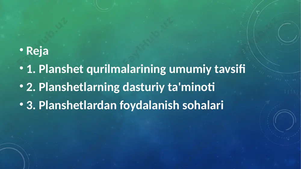 dilar. tibbiyot va boshqa sohalarda- bemorlar haqidagi ma’lumotlarni saqlash va kuzatib borish.- diagnostika dasturlaridan foydalanish. - gps va xaritalar orqali navigatsiya. - ijtimoiy tarmoqlar va ko‘ngilochar platformalarda faoliyat. xulosa planshetlar zamonaviy hayotning ajralmas qismiga aylangan. ular orqali ta’lim, biznes, tibbiyot va ko‘ngilochar sohalarda samarali ishlash mumkin. dasturiy ta'minotlar ularning imkoniyatlarini yanada kengaytiradi. image2.png image3.png image4.jpg image5.jpeg image6.jpg image7.jpg /docprops/thumbnail.jpeg