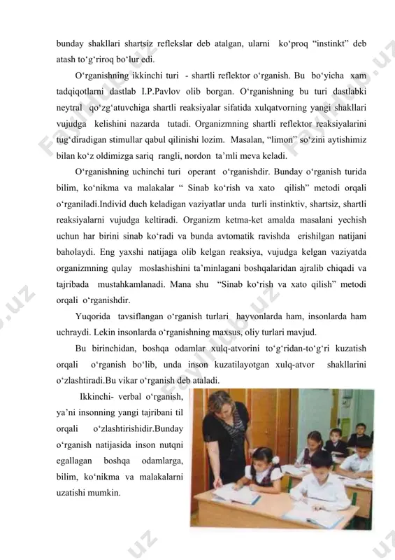 rayon sifatida namoyon bo‘ladi. birinchi holda o‘qish ta’limning bir tomoni hisoblanadi, ikkinchi holda ijtimoiylashuvning natijasidir. o‘rganish har qanday faoliyatning natijasi bo‘lishi mumkin, ta’lim va o‘qish tushunchalari esa maxsus o‘quv faoliyati bilan bog‘liqdir. agar faoliyatning asosiy motivi sifatida bilishga qiziqish yoki individning psixologik taraqqiyoti nazarda tutilsa, o‘quv faoliyati haqida gapiriladi. agar motiv individning u yoki bu ehtiyojlarini qondirishga qaratilgan bo‘lsa, ”o‘rganish” tushunchasidan foydalaniladi. bunday yo‘lyo‘lakay o‘rganishga misol sifatida ma’lumotlarni ixtiyorsiz ravishda eslab qolish, o‘quv maqsadlarini ko‘zda tutmagan harakatlarni misol keltirishimiz mumkin. ta’lim va o‘qish – har doim ongli jarayonlardir, o‘rganish esa ongsiz darajada ham ro‘y berishi mumkin. ta’lim, o‘qish va o‘rganish orasidagi yana bir farq ma’lumotlarni o‘zlashtirishga tayyorlik turli yosh davrlarida turlicha namoyon bo‘ladi. o‘rganishning elemantar turlari – imprinting, shartli reflektor va operant turlariga – bola tug‘ilishi bilanoq amalda tayyor bo‘ladi. o‘qish bilim, malaka va ko‘nikmalarni o‘zlashtirish uchun ongli, maqsadga yo‘naltirilgan qobiliyat sifatida bolada 4-5 yoshligida namoyon bo‘ladi, mustaqil o‘qishga tayyorlik …