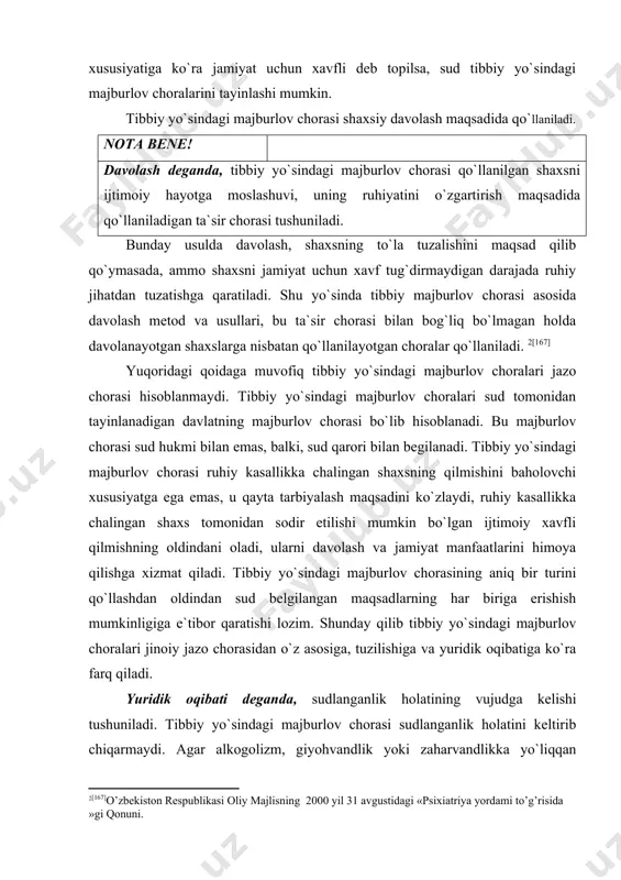 halinishi; 3) 3) jinoyat sodir etganligi uchun jazoga mahkum qilingan, lekin jazoni o`tash vaqtida ruhiy kasallikka chalinib o`z qilmishining ahamiyatini anglab yetish yoki o`z harakatini boshqarish qobiliyatidan mahrum bo`lishi; 4) 4) alkogolizm, giyohvandlik yoki zaharvandlik kasalligiga yo`liqqan shaxslarning jinoyat sodir etishi asos bo`lib hisoblanadi. tibbiy yo`sindagi maburlov choralari yuqorida keltirilgan to`rt toifadagi shaxslarga nisbatan sud tomonidan qo`llaniladi. bu toifadagi kishilarning har biri maxsus belgilarga ega. birinchi toifaga jinoyat kodeksining maxsus qismida ko`rsatilgan ijtimoiy xavfli qilmishlardan birini aqli noraso holatda sodir etgan shaxslar kiradi. bu shaxslar ruhiy kasalligi tufayli o`z harakatining faktik xususiyatini, shuningdek, qilmishning ijtimoiy xavfliligi va biror obyektga nisbatan muayyan zarar yetkazilishini anglab yetmaydi. jinoyatning subyekti aqli noraso shaxs bo`lganligi tufayli, bunday shaxslar ijtimoiy xavfli qilmish sodir etsalarda, ularning qilmishi jinoyat hisoblanmaydi. shu tufayli ularni jinoiy javobgarlikka yoki jazoga tortish mumkin emas. bunday toifadagi shaxslarga nisbatan tibbiy yo`sindagi majburlov chorasini qo`llaniladi. ular jazoga tortilganda jazoning tarbiyalash va ogohlantirish maqsadi …
