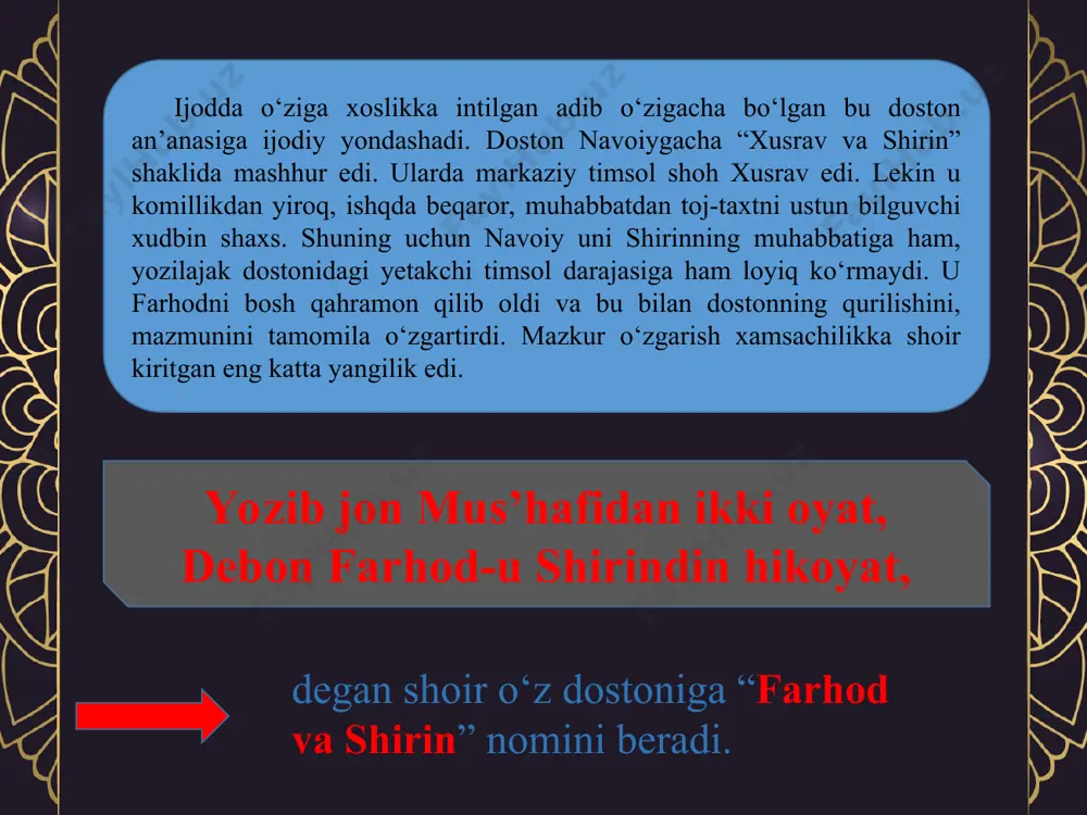 o‘lg‘ay!? meni hindudek otashgahga boshla, uzorim xolidek o‘t ichra tashla ki, jismim bo‘lsa ul o‘t ichra nobud, sochimdek chiqqay ondin chirmanib dud. malolimdin bari olam qutulsin, tanim yuz ming balodin ham qutulsin. manga farhod ishqi tuhmati bas ki, chehram ko‘rmayin ul zor-u bekas. yiqilmoqdur shiori oh tortib, ko‘nguldin nolayi jonkoh tortib, qulog‘i mustami’ bo‘lmay so‘zumga, ko‘zi oylar o‘tub tushmay yuzumga. tog‘ ichra sel yanglig‘ oqizib yosh, urub tosh uzra hardam seldek bosh. xayolim birla ko‘nglin qone’ aylab, firoqim ichra umrin zoye’ aylab. yuzimdin didayi giryoni mahrum, visolimdin balokash joni mahrum. qolib men ham yiroq ul notavondin, nechukkim mendin – ul, men dog‘i – ondin. bu bizga hol-u yuz nav’ elda shuhrat, ne yuz shuhratki, yuz ming nav’ tuhmat manga ne yor-u ne oshiq havasdur, agar men odam o‘lsam, ushbu basdur! agar bonu iloje bilsa, qilsun, o‘zimni o‘ltururmen yo‘qsa, bilsun!” mehinbonu sovchilarni yaxshi ziyofat qilib, sovg‘a-salomlar berib, podshohga duoyi salomlar yo‘llab, …