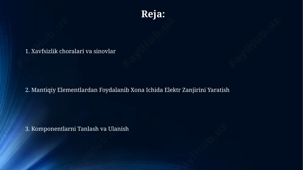 , or, not darvozalari yordamida 220v tarmoqqa ulangan yorug'likni 3 ta turli tugmachani bir vaqtda bosish orqali boshqarish mumkin. elektr zanjirining loyihalashtirish bosqichlari loyihalash jarayonida kuchlanish darajasi (masalan, 12v yoki 24v), tok kuchi va ishlatiladigan mantiqiy elementlarning turi (masalan, and, or, not) kabi parametrlarni aniqlash muhim hisoblanadi. simlarning uzunligi, ulanish nuqtalari va himoya vositalarining (masalan, 1a sigortalar) o'rnatilishi xavfsizlikni ta'minlash va elektr zanjiri ishlashining ishonchliligini oshirish uchun ehtiyotkorlik bilan hisoblab chiqilishi kerak. e'tiboringiz uchun rahmat @taqdimot_robot image5.jpg image6.jpg image7.jpg image8.jpg image9.jpg image1.jpg