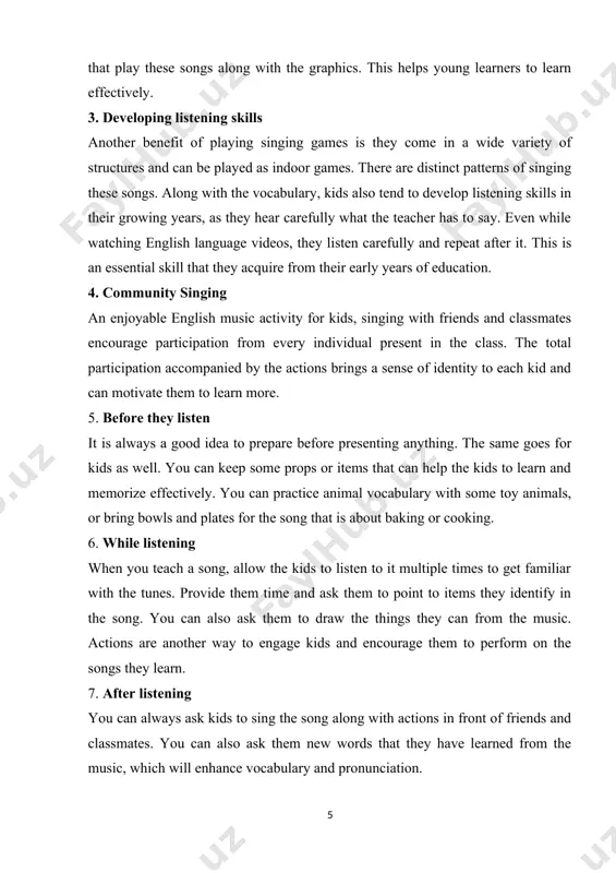m to point to items they identify in the song. you can also ask them to draw the things they can from the music. actions are another way to engage kids and encourage them to perform on the songs they learn. 7. after listening you can always ask kids to sing the song along with actions in front of friends and classmates. you can also ask them new words that they have learned from the music, which will enhance vocabulary and pronunciation. conclusion these singing and learning games will help every child develop an emotion with music. by singing, laughing and playing in the rounds, the child spontaneously expresses his emotions, experiences, feelings and ideas, while becoming familiar with the traditional games and rounds in his environment. another of the basic functions that the child develops when singing and moving his body following sounds and rhythms, with pauses and contrasts, …