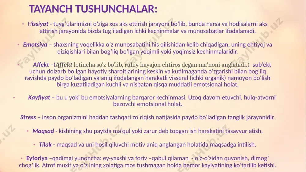 bo’lar edi. shu boisdan ularning o’zaro eng muhim farqi shundaki, birisi ijtimoiy (hissiyot), ikkinchisi esa (emosiya) individual, xususiy ahamiyat kasb etadi. ta'kidlab o’tilgan mulohazalarga qaramasdan, hissiyot bilan emosiyaning o’zaro bir-biridan qat'iy cheklab qo’yish ham ba'zi anglashilmovchilikni keltirib chiqarishi mumkin. . faoliyat, xulq-atvor, muomala sub'ekti o’zining shaxsi hamda jamiyati uchun ahamiyatli hisoblangan narsalar va hodisalarni aks ettiruvchi munosabati hissiyotda mujassamlashadi. shaxsning individual hayoti va faoliyatiga aloqador (xoh foydali, xoh zararli bo’lishdan qat'i nazar) omillar, qo’zg’ovchilar, turtkilarni ifodalovchi hamda kelib chiqishi instinktlar, shartsiz reflekslar, irsiy belgilar (ovqatlanish, jinsiy, himoyalanish, qo’rqish va boshqalar) bilan bog’liq sodda hissiy holatlar "emosiya" deyiladi. . emosiyalar nafaqat insonlarga, balki jonli rivojlangan mavjudodlarga ham taalluqli ruhiy (psixik) holatlardir. hayvonlardagi emosiyalar o’zgarishi murakkab bo’lgan tabiylik (irsiy) alomatlarga asoslanuvchi sodda tuzilishga egadir. odam bilan hayvon emosiyalari o’zlarining moshiyati, tuzilishi, ta'sirchanligi, jadalligi, sifati, shakli bilan keskin tafovutlanadi. emosiyalar tashqi ko’rinishga xosligi bilan, muvaqqat xususiyatga ega ekanligi bilan shissiyotdan farqlanadi. . shuni …