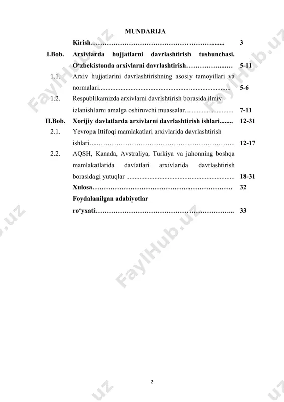 idan o‘rganilgan. jumladan, chet el olimlaridan l. bountouri va m. gergatsoulis, m. kombs, r. tansley, m. bass, d. stuve, m. branchofskiy, o.n. jlobinskaya, a.v. bocharov, y.a. solovyova, m.y. frolov, l.m. volkov, d. v. yanko, a.n. avdeyev, a.y. kurser, o.a. nesterova, s.v. shtukova va mamlakatimizda a.x. abdullayev, m.s. isakova, m. nam, o.u. xasanova, m. zuxriddinov va boshqa olimlar o‘zlarining ilmiy ishlari bilan soha rivojlanishiga katta hissa qo‘shganlar. shunga qaramasdan, arxiv tizimini ishlab chiqish, arxiv hujjatlari qidirish tizimlarini yaratish, respublikamiz arxiv muassasalarida elektron arxivlarni shakllantirish ishlari to‘laligicha o‘rganilmagan. kurs ishining obyekti – o‘zbekistondagi arxiv muassalari, “o‘zariv” agentligi, yevropa ittifoqi, aqsh, kanada, avstraliya, turkiya, yangi zelandiya, rossiya, xitoy, yaponiya, janubiy koreya, malayziya, singapur, saudiya arabistoni va qatar mamlakatlaridagi arxiv muassalari. kurs ishining predmeti – arxiv muassasalarida mavjud arxiv hujjatlari, arxiv fondlari, ularning ro‘yxat va yig‘majildlari, davrlashtirishga oid qonunlar va standartlar, davrlashtirishda qo‘llaniladigan dasturiy ta’minotlar, shuningdek, zamonaviy axborot texnologiyalari. kurs ishining maqsadi va vazifalari: …