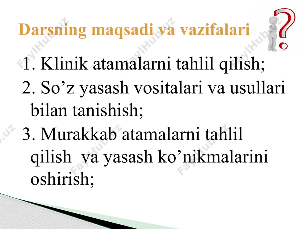 alan: lot. cruc-i-formis - xochsimon; tuberos-i-tas – g’adir-budurlik; yun. bronch-o-genus - bronxogen. suffikslar so’z yasovchi ot negizi yasama so’z misollari -ul- (us, a, um) glob-us ven-a fren-um kurra vena yugan glob-ul-us ven-ula fren-ulum kurrach kichkina vena yugancha -cul- (us, a, um) canal-is aur-is gen-u kanal quloq tizza canal-i-culus aur-i-cula gen-i-culum kanalcha quloqcha tizzacha -ol- (us, a, um) bronch-us are-a bronx maydon bronch-i- olus are-ola bronxiola maydoncha -ell- (us, a, um) lam-ina cereb(rum) varaq katta bosh miya lam-ella cereb-ellum varaqcha miyacha -ill- (us, a, um) mam(ma) sut bezi mam(m)- illa ko’krak so’rg’ichi suffikslar so’z yasovchi ot negizi yasama so’z misollari -os- (us, a, um) squam-a fibr-a infect-io tanga tola yuqish squam-osus fibr-osus infecti-osus tangali tolali yuqumli so’z yasovchi negizda ko’rsatilgan belgiga boy bo’lish ma’nosini anglatuvchi sifatlar: suffikslar ma’nosi misollar ma’nosi -osis -iasis yalig’lanishdan tashqari kasallik, hujayralar miqdorining ortib ketishi, patologik jarayon va uning natijasi stenosis torayish sclerosis zichlanish qattiqlanish toxicosis zaharlanish …