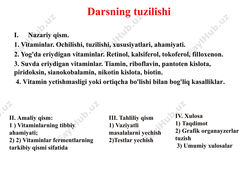 vitamin terida ultrabinafsha nurlar ta’sirida tanada osongina sintezlanadi. oziq-ovqat bilan ham tanaga kirishi mumkin. kalsiferollar fosfor va kalsiyni o’zlashtirish jarayonini uzluksiz ta'minlash uchun zarurdir. tokoferol (e vitamini). antioksidant. inson immuniteti ishiga foydali ta'sir ko'rsatadi va ko'payish jarayonlarida ishtirok etadi. e vitamini hujayralar yangilanishini, asab tizimini yaxshi ishlashi uchun organizmga yordam beradi, reproduktiv salomatlik uchun javob beradi. filloxinon (k vitamini). uning ishtirokida tanada oqsillar sintezi va metabolizm kechadi. shuningdek, u o'pka, buyrak va yurakning normal ishlashini ta'minlaydi. uning asosiy vazifasi tanamiz tomonidan kalsiyning to'liq so'rilishini ta'minlashdir. k vitamini "antigemorragik vitamin yoki koagulyatsiya vitamini“deyiladi. k k qon ivishini ta'minlaydi, osteoporozning oldini oladi boy mahsulotlar: ko'katlar, yashil pomidor, qora non, karam, ismaloq, филлохинон k vitamini qon ivishini tartibga solishda muhim rol o'ynaydi; suyak to'qimasini shakllantirish va mineralizatsiyasini rag'batlantiradi; osteoporozning oldini olishga yordam beradi; yumshoq to'qimalarning kalsilashuviga xalaqit beradi. k vitamini jigarda qon ivish omillarini (protrombin, prokonvertin va boshqalar) shakllanishi uchun zarurdir. b1 moddalar …