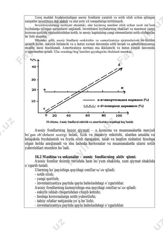 naviy eskirishi oqibatda ularni yangilash (almashtirish) zaruriyati tug’iladi. buning uchun asosiy fondlar ishlab turgan vaqtlarida korxonalarni ularni sotib olish yoki yaratish bo`yicha xarajatlari qoplanishi va ularni almashtirishni amalga oshirish uchun etarli darajadagi pul mablag’lari jamg’arilishi lozim. xarajatlarni qoplash va pul mablag’larini yig’ish ishlari mahsulot tannarxiga amortizatsiya ajratmalrini qo`shish orqali amalga oshiriladi. amortizatsiya ajratmalari amortizatsiya fondlarida yig’ilib boradi va ma’lum muddat o`tgandan so`ng ishlab chiqarishda qatnashgan asosiy fondlarning qiymatini to`la qoplashi kerak. shuning uchun asosiy fondlarning amortizatsiya summasi asosiy fondlarning to`la boshlang’ich qiymatidan katta bo`lishi mumkin emas. kengaytirilgan takror ishlab chiqarish sharoitlarida amortizatsiya ajratmalari bir tomondan ishlab chiqarishda qatnashgan asosiy fondlarni oddiy takror ishlab chiqarishda foydalanilsa, ikkinchi tomondan chiqib ketayotgan asosiy fondlar o`rniga texnikaviy takomillashgan asosiy fondlar bilan almashtirishda qatnashadi va manba bo`ladi. amortizatsiya ajratmalari asosiy fondlar uchun yangi kapital mablag’larni moliyalashtirishga yoki qurilish materiallarini, uskunalar yoki nomaterial aktivlarni sotib olish uchun uzoq muddatli moliyaviy qo`yilmalarga sarflanadi. uzoq muddat foydalaniladigan asosiy …