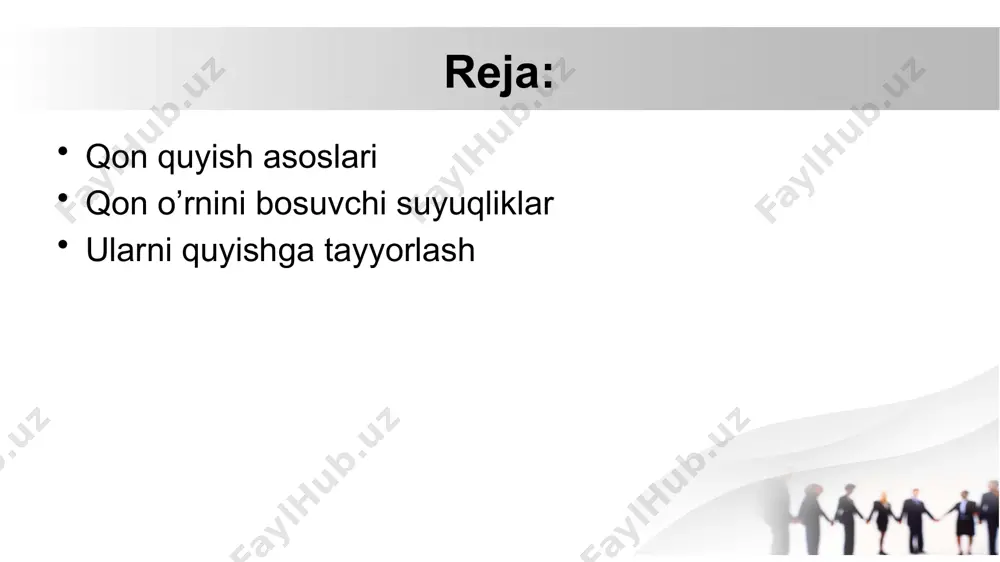 darhol adyolga oʻralib, unga issiq choy ichiriladi va vrach buyurgan dori-darmonlar qilinadi. ab0 tizimi α va β: birinchi (0) a va β: ikkinchi (a) α va b: uchinchi (b) a va b: toʻrtinchi (ab) qon quyishda donordan olingan qon, shuningdek, qon oʻrnini bosuvchi suyuqliklar ishlatiladi. shok, koʻp qon yoʻqotish bilan kechadigan operatsiyalar, ichki aʼzolardan (meʼda, oʻpka va boshqalar) qon ketganda, anemiya, yiringli jarayonlarda, kuyganda, zaharlanganda va boshqalarda qon quyiladi. qonda eritrotsitlar miqdori kamaysa eritrotsitlar massasi, leykotsitlar kamayganda esa leykotsitlar massasi quyiladi. qon bevosita (donordan retsipiyentga) va bilvosita (donordan olinib, konservantli flakonga solib qoʻyilgan qon ishlatiladi) periferik yoki katta venalarga tomchi-latib, baʼzan koʻp qon yoʻqotilganda oqizib arteriyaga quyiladi koʻpincha qon bilak venasidan yuboriladi. qon oʻrnini bosuvchi suyuqliklar, infuzion vositalar davolash maqsadida qon yoki plazma oʻrniga ishlatiladigan vositalar; shok holatida, koʻp qon yoʻqotganda, kamqonlik, yiringli septik kasalliklarda, kuyganda va boshqalarda qoʻlla-niladi. taʼsir etishiga koʻra gemodinamik (shokka qarshi), dezintoksikatsion va parenteral qon o’rnini …
