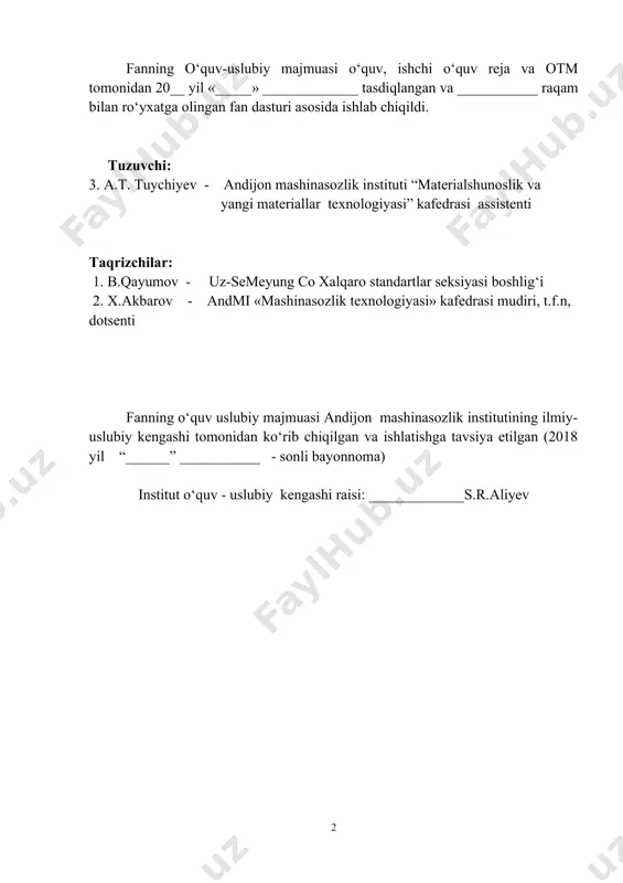 nstruksion materiallar, ularning ekspuluatatsiya sharoitida oksidlanishi. 3. metall materiallarning kimyoviy yoki elektrokimyoviy muhit bilan o‘zaro ta’sirlashishi natijasida yemirilishi. metall va u asosidagi qotishmalarda korroziya hodisasi. 4.respublikamizda olib borilayotgan ilmiy-tadqiqot ishlar, muammolar, yutuqlar. 1. kirish. asosiy tushunchlar va ta’riflar . metall asosli materiallar – asosiy konstrusion materiallar . lekin ekspluatatsiya sharoitida oksidlangan holati ancha muvafaqqiyatli hisoblanadi. bu holatga metal qotishmalar korroziya natijasida o’tadi. korroziya -metal materiallarning kimyoviy va elektrokimyoviy o’zaro almashinuvi gazli yoki suyuq muhitdagi ta’sirida yemirlishidir. korroziya lotinchadan o’girilganda yemirilish bo’lib erroziyadan farqli bo’ladi. erroziyada mehanik yeyilish hisobiga bo’ladi. fanni o’qitishdan maqsad - talabalarda mashinasozlikda qo’llaniladigan metall materiallarida uchrovchi korroziya jarayoni va ularni ximoyalash usullari bo’yicha yo’nalish profiliga mos bilim, ko’nikma va malakani shakllantirishdir. fanning vazifasi – talabalarga metall materiallar korroziyasi, uning sabablari, turlari, undan ximoyalanish usullari hamda ulardan foydalanishni o’rgatishdan iborat. «metallar korroziyasi va ximoyasi» fanini o’zlashtirish jarayonida amalga oshiriladigan masalalar doirasida bakalavr: · bilimlarning bir butun tizimi bilan …