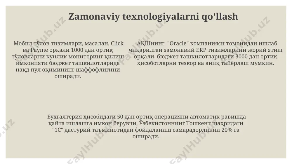 salbiy ta'sir ko'rsatdi, o'quv materiallari va texnologiyalar sotib olish imkoniyatini 10% ga kamaytirdi. naqd pul oqimini optimallashtirish qashqadaryo viloyatining 3 ta tumanida amalga oshirilgan loyiha, naqd pul oqimini kuzatish va prognozlash orqali 20% gacha kutilmagan xarajatlarni oldini olishga yordam berdi. samarqanddagi 50 ta davlat muassasalarida o'tkazilgan tadqiqotlar shuni ko'rsatdiki, naqd pul oqimini optimallashtirish 15% gacha xarajatlarni tejashga yordam beradi. samarqanddagi 50 ta davlat muassasalarida o'tkazilgan tadqiqotlar shuni ko'rsatdiki, naqd pul oqimini optimallashtirish 15% gacha xarajatlarni tejashga yordam beradi. naqd pul tushumlari va xarajatlarini nazorat qilish samarqand viloyatida joylashgan byudjet tashkilotlarining naqd pul operatsiyalari hisobotlarida 2023-yil birinchi choragida o'rtacha 5% xatolik aniqlangan, bu ichki nazorat mexanizmlarini kuchaytirish zaruratini bildiradi. buxoro shahridagi ta'lim muassasalarida naqd pul mablag'larining 80% dan ortig'i davlat byudjetidan ajratilgan bo'lib, bu mablag'larning oqilona ishlatilishi bo'yicha qat'iy nazoratni talab qiladi. 2022-yilda toshkent shahridagi byudjet tashkilotlarida naqd pul tushumlari va xarajatlarining 15% dan ortig'i bank kartalari orqali amalga oshirilgan bo'lib, …