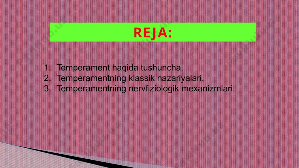 barqaror intilishlarga va kayfiyatlarga, doimiy va chuqur his-tuyg’ularga, harakatlari va nutqi bir hil maromda bo’lgan, ruhiy holati tashqi tomonda ifoda etiladigan kishi holerik deb ataladi. nemis psixiatri z. krechmer individning psixik tuzilishi tana tuzilishiga, tananing umumiy konstruktsiyasiga to’g’ri keladi, degan edi. sezgilarli psixik aktivlikka ega bo’lgan, atrofda bo’layotgan voqealarga tez munosabat bildiruvchi, tassurotlarini hadeb o’zgartirishga intiluvchi, muvoffaqiyatsizliklar va ko’ngilsizliklarni nisbatan engil o’tkazib yuboruvchi, jonli, harakatchan, ifodali mimikasi va harakatlari bo’lgan kishi sangvinik deb ataladi. ta'sirchan, chuqur kechinmali, gap ko’tara olmaydigan, ammo atrofdagi voqealarga unchalik e’tibor bermaydigan, o’zini to’htata oladigan harakatlar qiladigan va sekin ovoz chiqaradigan kishilar melanxolik deb ataladi. flegmatik - senzitivligi sust, his-tuyg'usi kam o'zgaruvchan, shunda ko'ra bunday shaxsni kuklirish, jahlini chiqarish, kayfiyatini buzish qiyin. ko'ngilsiz hodisa havf-hatar haqidagi habarga hotirjamlik bilan rnunosabatda bo'ladi. aslida odamlarni to’rtta tip buyicha taqsimlash mumkin emasligi tushunarli. temperamentning turli-tumanligi to’risidagi masala fanda hali batafsil hal qilingan emas. temperamentning nerv-fiziologik mexanizimini ilmiy asosda tushuntirib …