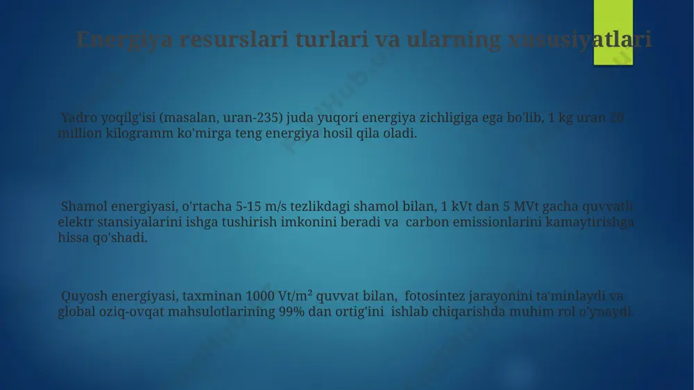 iqyosda 2030 yilga kelib, energiya iste'molini taxminan 15-20% ga kamaytirishga yordam beradi, bu esa iqtisodiy foyda keltiradi. elektr energiyasi ishlab chiqarish hajmining o'sishi sanoat ishlab chiqarishining 10% ga oshishi bilan bog'liq bo'lib, bu esa umumiy milliy daromadga ijobiy ta'sir ko'rsatadi. zamonaviy iqtisodiyotning 70% dan ortiq qismi energiya resurslariga bog'liq bo'lib, ularning yetishmasligi yaimning 2-3% ga pasayishiga olib kelishi mumkin. e'tiboringiz uchun rahmat @taqdimot_robot image2.png image3.png image4.png image5.png