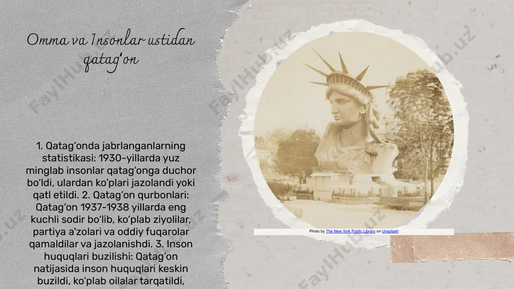 oilalar tarqab, ijtimoiy tuzilma buzildi. • diniy ta'sirlar ham o'z o'rnida, ko'plab diniy jamoalar ta'qibga uchradi va ularning faoliyati cheklangan. • madaniy hayotda erkinliklar kamaydi, san'at va adabiyotga ta'sir etgan repressiyalar natijasida ko'plab ijodkorlar qochishga majbur bo'lishdi. misol sifatida, 1937 yilda o'zbekistondagi "qora ro'yxat"ga kiritilgan ijodkorlar, ular o'zlarining asarlarini yozish va ijro etish imkoniyatidan mahrum bo'lishdi. shuningdek, ko'plab diniy liderlar qamoqqa olinib, diniy hayot to'xtab qoldi. photo by the new york public library on unsplash 1930-yildagi ommaviy qatagʻon va uning siyosiy oqibatlari siyosiy tizimdagi o'zgarishlar. swot analizi: kuchli va zaif tomonlar. kuchli tomonlar: 1) jamiyatda siyosiy ongning oshishi. 2) o'zbekistonning xalqaro maydonda obro'si. zaif tomonlar: 1) o'tmishdagi psixologik travmalar. 2) repressiyalarning davom etishi va erkin fikrlarning cheklanishi. ommaviy qatagʻon va siyosiy repressiyalar. hozirgi kunda esa, bu voqealar siyosiy muhitda jiddiy ta'sir ko'rsatmoqda. o'zbekistonning tarixiy tajribasi bugungi kunda siyosiy islohotlar va ijtimoiy barqarorlikka ta'sir qiladi. siyosiy tizimdagi o'zgarishlar. ommaviy qatagʻon va …