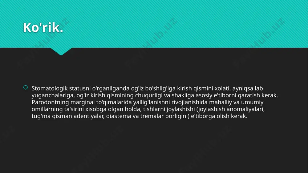 arab tishlar yuzasidagi sohalar har-hil intensivlikda bo'yaladi. sonini baholash (ko'r) 5 balli shkala bo'yicha amalga oshiriladi: butun tish toj qismining bo'yalishi -5, 4 dan 3 qismning bo'yalishi - 4,4-2,bo'yalmaganligi-1. quyidagi formula bo'yicha hisoblanadi: kn ko’r = ----- n bunda, ko'r gigienik indeks; kn-hamma tishlar indeksining yig'indisi; n-tishlar soni (6). normada gigienik indeks 1 dan oshmasligi kerak. qisqartirilgan gigiena indeksi ohi-s (grine, vermillon, 1969) 6 ta yonma yon turgan tishlarni yoki xar hil guruhdagi (molyar,premolyar, kesuv) tishlardan bir ikkitasi soxasidagi tishlarning karashi o'rganiladi, (yuqori va pastki tishlarning oral yuzalari). agar karash tish tojini 1/3 qismini va undan kam qoplasa - 1; ½-2; 4-3 deb baholanadi. tishlar yuzasida karash bo'lmasa -0 ball. karash tish yuzasida notekis bo'lsa, unda eng ko'p joyi baholanadi. normada gigiena indeksi 1 dan oshmasligi kerak, ko'p bo'lsa og'iz bo'shlig'i gigiena holati yomon deb baholanadi. parodontal cho'ntakdan oqayotgan suyuqlikni tekshirish uchun kotzschke sinamasi qo'llaniladi. tish-milk cho'ntagiga quyidagi tarkibli eritmaga …