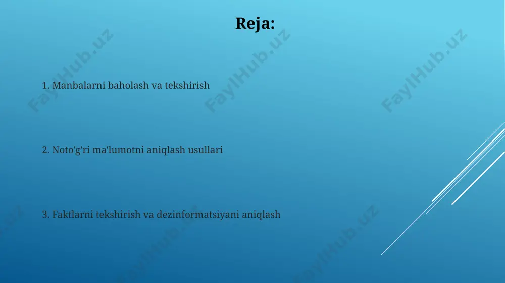 ing ishonchliligini tekshirish, faktlarni tekshirish va bir nechta manbalardan maʼlumot olish – taʼkidlandi. tarkibni tahlil qilish toshkentdagi 10 ta yangilik saytidan olingan ma'lumotlarni tahlil qilishda, matnning til uslubi, grammatik xatoliklar soni va manbalarning ishonchliligi kabi omillarni hisobga olish kerak. tarkib tahlili jarayonida, 200 dan ortiq so'zdan iborat matnlarni segmentlarga bo'lish va har bir segmentni alohida baholash, aniqlik va ishonchlilik darajasini oshirishga yordam beradi. kontekstni hisobga olish oʻzbekistonning samarqand shahrida joylashgan universitetning 2022 yildagi hisobotiga koʻra, kontekstni hisobga olish yozuv uslubi va til xususiyatlarini tahlil qilish orqali 70% gacha yolgʻon maʼlumotlarni aniqlash imkonini beradi. 2023-yilda aqshning texas shtatida oʻtkazilgan tadqiqotlar shuni koʻrsatdiki, kontekstni hisobga olish orqali yolgʻon maʼlumotlarni aniqlash samaradorligi 35% ga oshgan. e'tiboringiz uchun rahmat @taqdimot_robot image1.jpg image2.jpg image3.jpg image4.jpg image5.jpg image6.jpg