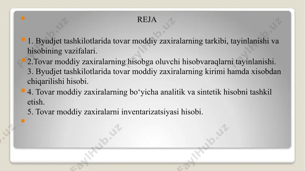 – moddiy zahiralar hisobini tashkil etishda buxgalteriya hisobi oldiga quyidagi vazifalar qo‘yiladi: 1. moddiy aktivlarni qonunchilikda belgilangan tartibda tovar-moddiy zahiralar tarkibida aks ettirish; 2. tovar-moddiy zahiralarni kelib tushishi, ularni tashkilot hisobidan chiqarilishi shuningdek, saqlanishi va maqsadli sarflanishi ustidan nazorat qilish; 3. zahiralar va xarajatlarning belgilangan me’yorlarini kuzatib borish; 4. belgilangan tartibda realizatsiya qilinishi lozim bo‘lgan, foydalanilmaydigan materiallarni o‘z vaqtida aniqlash; 5. tovar-moddiy zahiralar xarakatini hujjatlarda to‘g‘ri rasmiylashtirilish hamda hisob registrlarida o‘z vaqtida aks ettirilishini ta’minlash; 6. tovar-moddiy zahiralarni buxgalteriya hisobvaraqlarda holati va xarakatini aks ettirish; 7. tovar-moddiy zahiralar bo‘yicha o‘z vaqtida to‘liq hamda aniq buxgalteriya axborotlarini shakllantirib berish. byudjet tashkilotlarida materiallar bo‘yicha moliya yili oxiriga bo‘lgan qoldiqlar aniqlangan me’yorlar asosida taxlil qilinadi. agar byudjet tashkilotini moliya yili oxirida bo‘lgan materiallar bo‘yicha qoldiq qiymati belgilangan me’yor(limit)dan ortiqcha bo‘lsa keyingi moliya yilida byudjet mablag‘lari bo‘yicha xarajat smetasida materiallar sotib olish uchun kiritilgan summa me’yordan ortiq summaga kamaytiriladi. tovar moddiy zaxiralar o‘rnatilgan me’yorini …