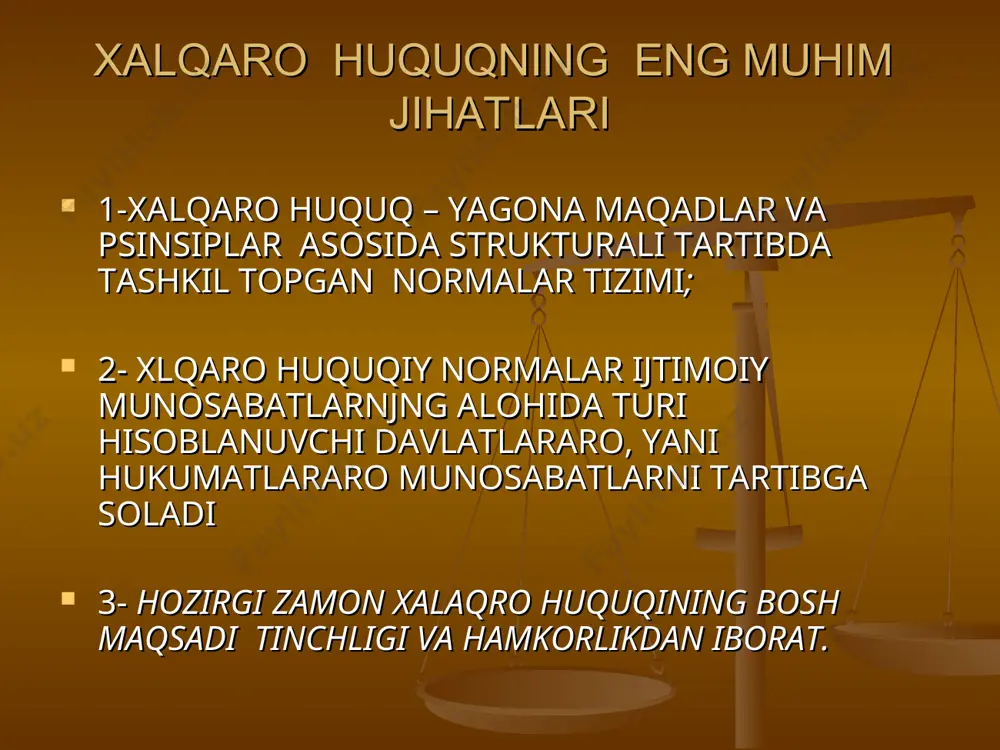 g amal qilish doirasi deganda, muayyan ijtimoiy munosabatlar sohasi tushuniladi va bunda tasarruvdagi obyektlarga nisbatan tasir o`tkazishning xalqaro huquqiy vositalaridan foydalaniladi хalqaro huquqning amal qilish sohalari: 1- subyektlik sohasi (subyektga oid soha); 2- оbyektlik sohasi (оbyektga oid soha) 3- hududiy soha (hududga oid soha ) bmt ustavida xalqaro huquqning quydagi asosiy maqsadlari belgilab qo`yilgan 1- тinchlik va xavfsizlikni saqlash; 2- do`stona munosabatlarni rivojlantirish; 3- iqtisodiy ijtimoiy madaniy va gumanitar xususiyatga ega bo`lgan muammolarni hal etishga hamda inson huquqlari va erkinliklariga nisbatan hurmatni rag`batlantirish va rivojlantirish borasida hamkorlikni amalga oshirish. 4-shartnomalar va xalqaro huquqning boshqa mansablaridan kelib chiqadigan majburiyatlarga nisbatan odillik va hurmat etiborni tamin etishga qaratilgan shart- sharoitlar yaratish. xalqaro huquqning funksiyalari birinchi funksiya: xalqaro huquqning bosh ijtimoiy funksiyasi mavjud xalqaro munosabatlar tizimini mustahkamlash hisoblanadi. bunga asosan ushbu tizimga tegishli darajada tartibga amal qilishni taminlash orqali erishiladi. ikkinchi funksiya хаlqaro huquqning bosh yuridik funksiyasi xalqaro munosabatlarni huquqiy tartibga solishdan iborat. …