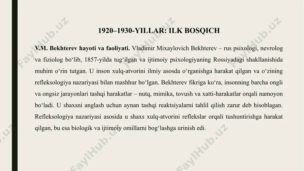 biridir. u jamoaviy ong, ijtimoiy hissiyotlar va insonlarning guruh holatidagi ruhiy reaksiyalarini o‘rganishga harakat qilgan. uning fikricha, odamlar ommaviy muhitda individual fikrlashdan ko‘ra emotsional ta’sirlarga beriladi va jamoaviy ruhiy holat bilan harakat qiladi. 🔹 reflekslarni mexanik tarzda qo‘llash: reistnert o‘z nazariyasida bekhterev asos solgan refleksologiya tamoyillarini davom ettirdi. u ommaviy psixologik holatlarni ham reflekslar asosida tushuntirishga intildi. ya’ni, guruhdagi insonlar harakatini ongli qaror emas, balki tashqi ta’sirlarga nisbatan refleksiv, avtomatik javob deb izohladi. bu yondashuv biologik asoslangan bo‘lib, inson xulqini soddalashtirilgan refleks mexanizmlari orqali talqin etadi. natijada, insonning ijtimoiy ong, madaniyat va tarbiya bilan bog‘liq jihatlari etarli darajada aks ettirilmagan. l.n. voytolovskiy – “jamoa psixologiyasi” 🔹 jamoa xatti-harakatlarini o‘rganish: l.n. voytolovskiy ijtimoiy psixologiyada “jamoa psixologiyasi” tushunchasini ilgari surdi. u insonlarning jamoadagi xatti-harakatlari, guruh ichidagi ruhiy aloqalar va jamoaviy fikrlash jarayonlarini o‘rganishga alohida e’tibor qaratdi. voytolovskiyning asosiy maqsadi – jamoa ichidagi o‘zaro ta’sirlarni psixologik jihatdan tahlil qilish va shaxsga jamoadan keladigan …