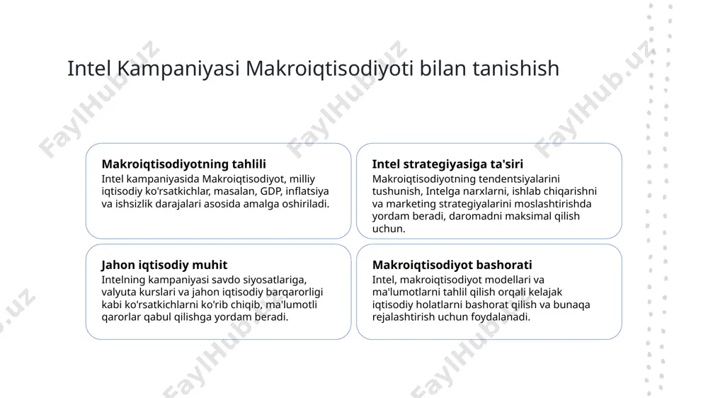 ar yoki cheklovlar, intelning global ta'minoti zanjirini va ishlab chiqarish xarajatlariga ta'sir qilishi mumkin. mijozlar xarajatlari tendensiyalari mijozlar xarajatlari tizimlarining texnologiya mahsulotlariga yo'naltirilishi intelning bozorda joylashuvi va mahsulotlarni ishlab chiqish strategiyalariga ta'sir qilishi mumkin. intel kampaniyasi uchun makroiqtisodiy siyosat tavsiyalari moliyaviy siyosatni moslashish intel uchun soliq imtiyozlarini amalga oshiring, i+d va infrastruktura uchun investitsiyalarni rag'batlantirib, iqtisodiy o'sishni kuchaytiring. pul siyosatini qo'llab-quvvatlash markaziy bank past foiz darajasi saqlab borish orqali intelning kengaytirish loyihalariga qarz olishni raqobatbardosh qilishi kerak. savdo siyosatini moslashish adolatli raqobatni ta'minlovchi savdo shartnomalarini himoya qilish va intelning intellektual mulkiyati huquqlarini himoya qilish uchun ijtimoiy ko'rsatkichlarni himoya qilish. tartibot muhitini yaxshilash burokratik jarayonlarni oddiyroq qilish, intelning operatsiyalarini tezlashtirish va sohaga oid qonunlarga muvofiqlikni ta'minlash. intel kampaniyasi uchun iqtisodiyotni bashorat qilish 1 2 3 iqtisodiy ko'rsatgichlar tahlili bozor tendentsiyalari baholash jahon iqtisodiy ko'rsatgichlari intel kampaniyasi uchun iqtisodiyotni bashorat qilish uchun gdp, inflatsiya darajalari va ishsizlik darajalarini tahlil qilish. intelning kampaniyasi …