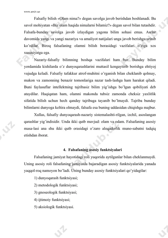 cha bilimlarni nazariy jihatdan umumlashtirib, o’zlashtirish asosida bizni bir butun dunyo: borliq, materiya, tabiat, jamiyat, inson, inson ongi va tafakkuri, insonning dunyoni bilishi to’g’risidagi eng umumiy qarashlari bilan qurollantiradi. bu falsafaning dunyoqarash funktsiyasidir. dunyoqarash funktsiyasi falsafaning, falsafiy bilimlarning asosiy xususiyatidir. falsafaning dunyoqarash funktsiyasi uning boshqa funk-tsiyalari bilan chambarchas bog’liqdir. buni biz qo’yida uning metodologik funktsiyasini yoritishda yaqqol ko’ramiz. falsafaning metodologik funktsiyasi. falsafa o’z tadqiqot predmeti sifatida borliq, materiya, tabiat, jamiyat, inson, insonning dunyoni bilishidagi eng umumiy qonunlarini o’rganadi. u bunda inson tafakkuri va bi-lishiga oid eng umumiy tushunchalar, kategoriyalar sistemasi bilan ish ko’radi. bu kategoriyalar ichida eng muhim o’rin-larni borliq, materiya, ong, tafakkur, predmet, hodisa, protsess, xossa, munosabat, o’zgarish, rivojlanish, sabab va oqibat, tasodif va zaruriyat, qism va butun, element va struktura kabilar tashkil qiladi. falsafaning bu kategoriyalari dunyodagi, tabiat va jamiyatdagi predmet va hodi-salarning eng umumiy tomo-nlarini, bog’lanish va aloqadorliklarini in‘ikos ettiradi. falsafa, shu bilan birga, tafakkurning va inson …