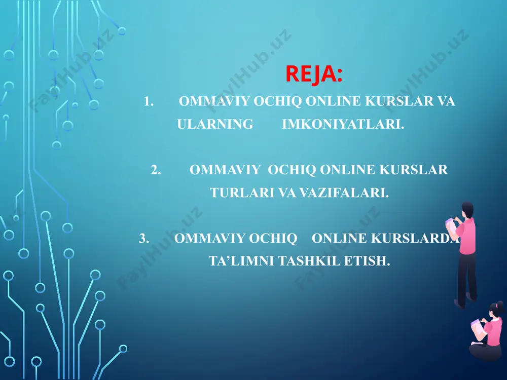 n. bu kursga dunyoning 190 dan ortiq mamlakatidan jami 160 mingdan ziyod talaba yozilgan. ko'ngillilar yordamida kurs materiallari qisqa muddat ichida dunyoning 44 tiliga tarjima ham qilingan. ishtirokchilarning 23 ming nafari kurs materiallarini to'liq tamomlab, imtihonlardan muvaffaqiyatli o'tgan hamda ushbu kursni bitirganlik to'g'risidagi guvohnomaga ega bo'lishgan. 2012-yil stenford universiteti yana beshta bepul “onlayn” kurslarini tashkil etdi. mooc kurslari tarkiban boshqa ta’lim tizimlaridan farqli ravishda, asosan: videoma’ruzalar; matn; forum; bilimlarni mustahkamlash uchun mashqlardan tashkil topgan. mooc platformalarida ta’lim olish usullarining quyidagi turlari mavjud: kurslarda o‘qish va sertifikat olish - kurslarda o‘qish – bepul, sertifikat olish – pullik kurslarda o‘qish va sertifikat olish – pullik bepul moocning keng tarqalgan ikkita turi mavjud cmooc (ing. «connectivity mooc»). asosiy tamoyillari – ommaviylik, ochiq ro‘yxatdan o‘tish, ma’lumotlardan kursni tugatguncha foydalanish, ta’lim oluvchilarning teng huquqliligi, ya’ni talaba va o‘qituvchi – bitta jamoa. kamchiligi – ta’lim oluvchilar kurs o‘qituvchisi tomonidan baholanmaydi. xmooc — nufuzli ta’lim muassasalari tomonidan …