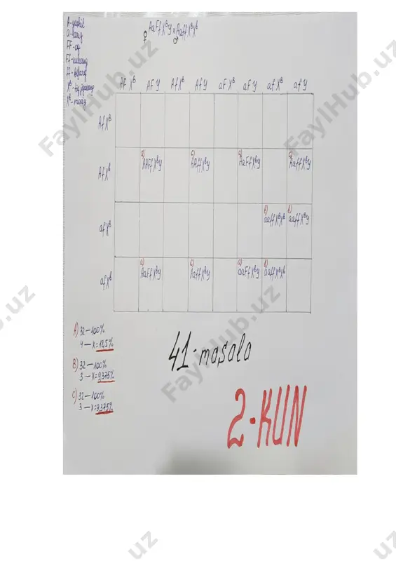 kataklariga ota-ona gametalarini va avlodlar genotipini yozing. berilgan ma’lumotlardan foydalanib quyidagi (a-c) topshiriqlarni bajaring. a) avlodning necha % ni kulrang patli, moviy ko’zli qushlar tashkil etishini aniqlang. b) avlodning necha % ni sariq patli, toq qo’ng’ir ko’zli qushlar tashkil etishini aniqlang. c) avlodning necha % ni yashil patli, moviy ko’zli qushlar tashkil etishini aniqlang 42-masala odamlarda b-talasemiya retsessiv irsiylanuvchi avtosoma gen kasalligi bo’lib, kasallik yuzaga chiqishi retsessiv genlar soniga bog’liq. bb-sog’lom, bb- yengil tur bilan kasallangan, bb-hayotini erta davrida talasemiya bilan nobut bo’ladi. daltonizm va gemofiliya kasalliklari jinsiy x xromasomaga birikkan retsessiv gen kasalliklari bo’lib chala birikkan xolda irsiylanadi genlar orasidagi masofa 20m ga teng. trigeterozigota (dominant genlarni faqat bir tarafdan olgan) beta-talasemiya bilan yengil kasallangan, daltonizm va gemofiliya bo’yicha sog’lom qiz. beta-talasemiya bilan yengil kasal, daltonizm bo’yicha sog’lom, gemofiliya bilan kasallangan yigitga turmushga chiqsa. yuqoridagi ma’lumotlardan foydalanib quydagilarni aniqlang. topshiriqni bajarish tartibi: 1) belgilar va ularni boshqaruvchi genlarni, ota-ona …