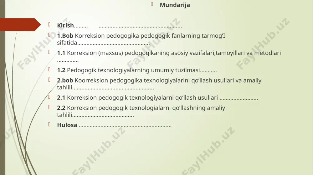 ion (maxsus) pedogogika. kursni tugatish ishining predmeti: o’quv-tarbiya jarayonida korreksion pedogogika. korreksion (maxsus) pedagogikaning asosiy vazifalari, tamoyillari va metodlari tahlil qilish kursni tugatish ishining vazifalari: korrektsion pedagogikaning asosini anomal bolalarni har tomonlama, fiziologik va psixologik o’rganish tashkil etib, uning vazifalari sirasiga quyidagilar kiradi: - rivojlanishida turli kamchiliklar bo’lgan bolaning nuqsonlarini tuzatish va korrektsion-kompensatorli imkoniyatlarini aniqlash; - differensatsiyali o’qitish va tarbiyalashni amalga oshirish maqsadida anomal bolalarning muammolarini hal etish; - anomal bolalarni aniqlash va hisobga olish; - rivojlanish anomaliyasini erta diagnostika qilish metodlarini ilmiy jihatdan ishlab chiqish; - bolalarda rivojlanish nuqsonlarini tuzatish, yo’qotish yoki kamaytirish bo’yicha chora-tadbirlarni ishlab chiqish; - anomal bolalikning oldini olish bo’yicha profilaktik chora- tadbirlar tizimini ishlab chiqish; - anomal bolani rivojlantirish va uni ijtimoiylashtirish jarayonining samaradorligini oshirish. i bob. korreksion pedogogika pedogogik fanlarning tarmog’i sifatida 1.1 korreksion (maxsus) pedogogikaning asosiy vazifalari,tamoyillari va metodlari korrektsion pedagogikaning predmeti, vazifalari va mohiyati. rivojlanishida turli nuqson (kamchilik)lar bo’lgan o’quvchilarni korrektsion o’qitish …