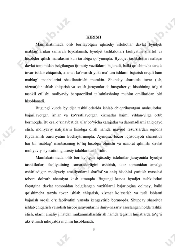 lish va uni maksimallashtirish bo‘lsa, byudjet tashkilotlari uchun bu jarayonlar ikkilamchi ahamiyatga ega. ularning asosiy vazifasi davlat tomonidan belgilangan ijtimoiy-iqtisodiy vazifalarni bajarishdan iborat bo‘lib, ishlab chiqarish va sotish faoliyati ko‘pincha qo‘shimcha daromad manbai sifatida qaraladi. shu sababli buxgalteriya hisobida ushbu jarayonlarni to‘g‘ri tashkil etish, xarajatlarni aniq hisoblash, tushumlarni belgilangan tartibda qayd etish va moliyaviy natijalarni tahlil qilish byudjet mablag‘laridan samarali foydalanishning kafolati bo‘lib xizmat qiladi. kurs ishining obyekti – byudjet tashkilotlarida amalga oshiriladigan tovar (ish, xizmat)lar ishlab chiqarish va sotish faoliyatining buxgalteriya hisobi va u bilan bog‘liq moliyaviy jarayonlar. kurs ishining predmeti – ishlab chiqarish va sotish hisobini tashkil etishning nazariy tamoyillari, amaliy mexanizmlari hamda ularni yanada takomillashtirish yo‘llari. kurs ishining maqsadi – byudjet tashkilotlarida tovar (ish, xizmat)lar ishlab chiqarish va sotish hisobi jarayonini har tomonlama o‘rganish, mavjud amaliy tajribani tahlil qilish va hisob tizimini takomillashtirish bo‘yicha ilmiy asoslangan takliflar ishlab chiqishdan iborat. mazkur maqsadni amalga oshirish uchun kurs ishida …