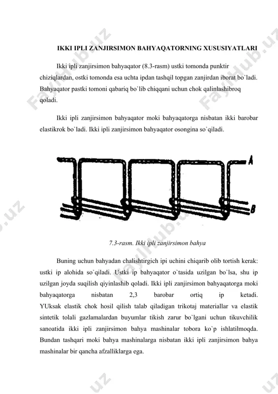 anadi. «zinger» firmasining 302-4-206-a rusumli ikki ignali tikuv mashinasi 302-4-206-a rusumli tikuv mashinasi erkaklar jinsi shimlari va qalin materiallardan tayyorlanadigan kiyim detallarini parallel ikki ipli zanjirsimon bahyaqator yuritib tikishga mo`ljallangan. asosiy valining aylanishlar soni 4500 ayl/min. bahya uzunligi 6,4 mm. tepkisining ko`tarish balandligi 8 mm, ignalar harakat yo`li 31,7 mm. «zinger» firmasining 3260-01 ignalari qo`llaniladi. mashinada krivoship shatunli igna mexanizmi, murakkab fazoviy harakatlanuvchi ikkita chalishtirgich va reyka tipidagi materiallarni surish mexanizmlari bor. chapki ignalarga ustki ipni taqishni ko`rib chiqamiz. g`altakdan ip ip yo`naltirgich teshiklaridan o`tkaziladi, taranglash rostlagichi shaybalari orasidan pastdan yuqoriga aylantirilib, mashina tanasiga o`rnatilgan yo`naltirgichning ketingi teshigiga kiritiladi. so`ngra ip ip uzatgich 4 ning teshigidan, yuqoridan pastga igna tutgichning chap teshigidan o`tkazib old tomondan igna ning ko`ziga taqiladi. ostki ip g`altakdan yo`naltirgich plastinalari orqali ip yo`naltirgich teshiklaridan taranglash rostlagichi shaybalari orasidan aylantiriladi va mashina ostki qismining yon tomoniga o`rnatilgan sterjen teshiklaridan, so`ngra ip yo`naltirgich plastinasi teshiklaridan olib o`tiladi. keyin …