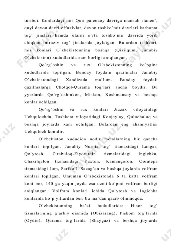 linmoqda. chunki hozircha o`zbekistonda sof molibden koni topilgan emas. o`zbekistonda 100 dan ziyod qalay konlari borligi aniklangan. lekin bularning hammasi kichik konlar bo`lib, ulardan ma`dan qazib olinmaydi. qalay konlari borligi samarqand viloyatining qarnab cho`li, zirabuloq-ziyovitdin tog`larida, toshkent viloyatining maydontol, kengko`l, sargardon, ohangaron platosida va jizzax viloyatining nurota tizmalarida aniqlangan. vismut piskom tog` tizmasining janubi-g`arbiy qismida (burchmulla qishlog`i yaqinida) o`rtasaroyda qazib olinmoqda. bundan tashkari qurama tizmasidagi qizilgo`tda, chotqol tizmasida toshkentda va boshqa joylarda vismut borligi aniqlangan. ular ko`pincha ko`rg`oshin-rux va mis-molibden rudalari tarkibida uchraydi. vismutning ayrim o`choqlari nurota, zirabuloq-ziyovitdin va hisor tizmalarida ham ma`lum. o`zbekistonda 50 dan ziyod simob va surhma konlari ochilgan. birok, ularning zahiralari kam bo`lganligi sababli, qazib olind^aydi. lekin respublikada bir qancha simob konlari ochilishi mumkin bo`lgan xududlar bor. bularga molruzorturkiston (zomin ruda mintaqasi), zirabuloq-ziyovitdin (oltinozul ruda mintaqasi), qizilqum (quljuq1, quljuq2 va boshqa rudali mintaqalar) va boshqalar kiradi. o`zbekiston hududi asl metallarga boydir. katta zahiraga ega oltin konlari …
