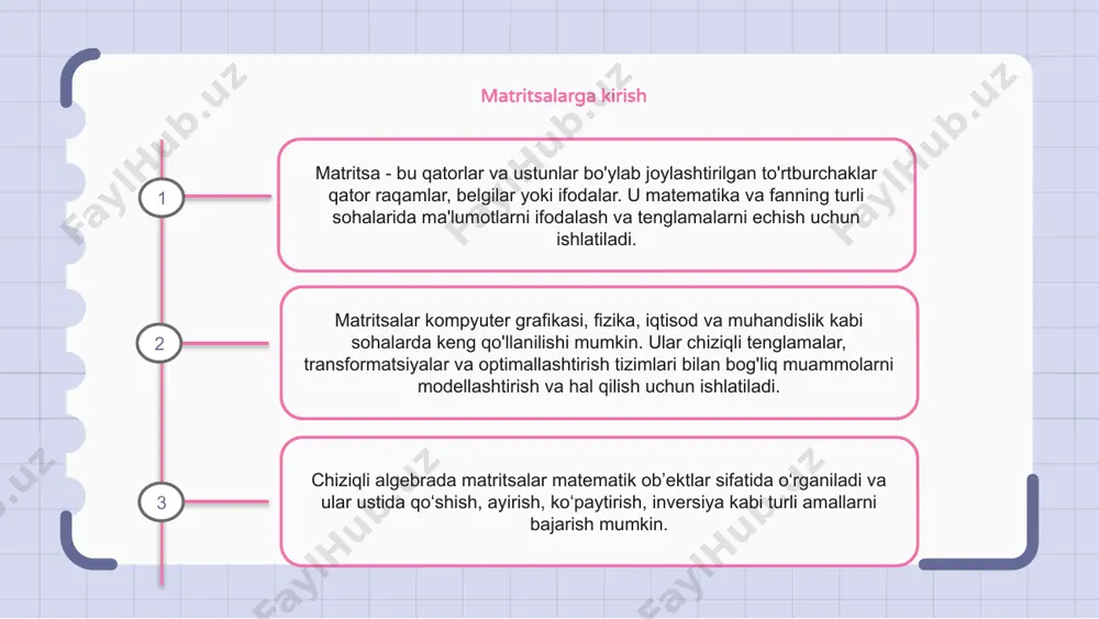 atritsaning birinchi qatori transpozitsiya qilingan matritsaning birinchi ustuniga, ikkinchi qator ikkinchi ustunga aylanadi va hokazo. matritsaning ko‘chirilishi matritsa nomidan keyin t yuqori belgisini qo‘shish bilan belgilanadi. misol uchun, agar a matritsa bo'lsa, u holda uning transpozitsiyasi a ^ t shaklida ifodalanadi. matritsaning transpozisiyasi asl matritsadagi qatorlar soniga teng, lekin ustunlar soni asl matritsadagi qatorlar soniga teng. matritsalarning aniqlovchilari matritsalarning aniqlovchilari matritsalarning ma'lum xossalarini va chiziqli tenglamalar tizimini tahlil qilish uchun ishlatiladi. ular chiziqli algebrada hal qiluvchi rol o'ynaydi va fizika va muhandislik kabi turli sohalarda keng qo'llaniladi. matritsaning determinanti skalyar qiymat bo'lib, u matritsaning invertibel yoki birlik ekanligini aniqlash uchun ishlatilishi mumkin. matritsaga teskari matritsaning teskarisi matritsa bo'lib, u asl matritsaga ko'paytirilganda o'ziga xos matritsani beradi. matritsaning teskarisini topish uchun gauss eliminatsiyasi deb ataladigan usuldan foydalanish kerak. matritsaning teskarisi faqat kvadrat bo'lgan va nolga teng bo'lmagan determinantga ega bo'lsa mavjud bo'ladi. 1 2 3 matritsalardagi qator operatsiyalari matritsalarda satr operatsiyalari …
