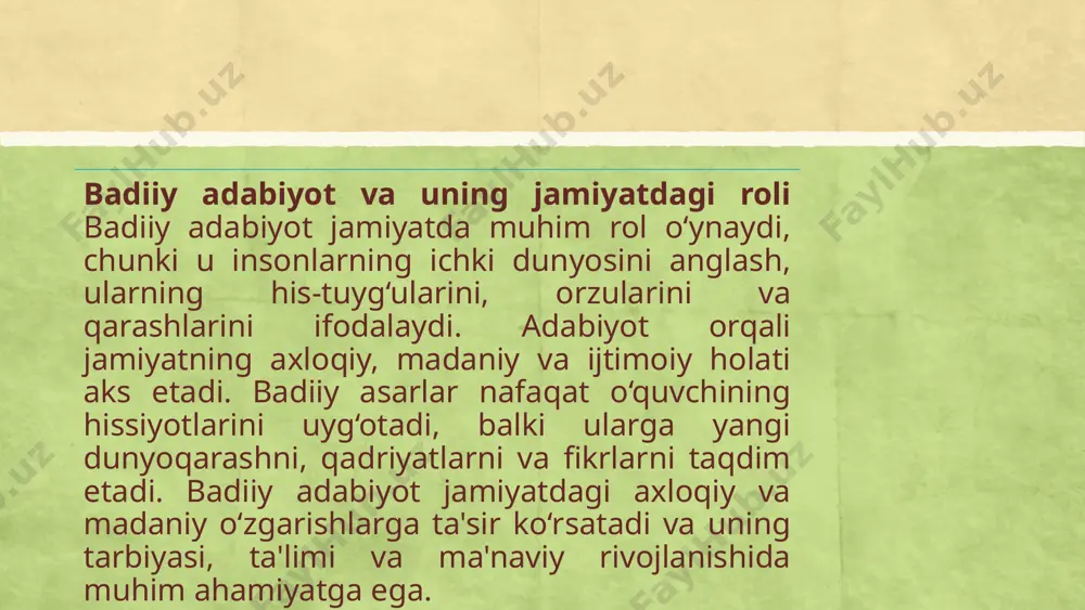 salalarga qaratadi. badiiy adabiyot orqali insonning axloqiy qiyofasi, uning o‘zini o‘zi anglash jarayoni va boshqalar bilan munosabati tasvirlanadi. badiiy asarlar insoniyatning oliy maqsadlarini, uning ma'naviy qadriyatlarini va jamiyatdagi o‘zgarishlarni yoritadi. shu tariqa, badiiy adabiyot ma'naviy va axloqiy izlanishlar uchun platforma bo‘lib, o‘quvchini dunyoqarashini shakllantirishga va uning shaxsiy rivojlanishiga xizmat qiladi. e’tiboringiz uchun rahmat image3.jpeg image6.png image7.png image8.png image9.png image2.jpeg