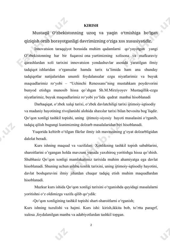 dagi masalalarni yoritishni oʻz oldimizga vazifa qilib qoʻydik: -qoʻqon xonligining tashkil topishi shart-sharoitlarni oʻrganish; kurs ishning tuzulishi va hajmi. kurs ishi: kirish,ikkita bob, to’rtta paragrf, xulosa ,foydalanilgan manba va adabiyotlardan tashkil topgan. 1.1.qo‘qon xonligining tashkil topishi xviii asrning boshlarida farg‘ona vodiysida shakllangan yangi davlat – qo‘qon xonligiga mahalliy aholi vakillari bo‘lgan ming urug‘i asos soldi. chunonchi, xvii asrning oxiri – xviii asr boshlarida ashtarxoniylarning siyosiy va ijtimoiy hayotida yuz bergan tushkunlik, farg‘ona vodiysi iqtisodiy mustaqilligining o‘sishi hamda 1704-yilda chodak xo‘jalarining isyon ko‘tarib, farg‘onaning bir qismini egallashi bunga shart-sharoit yaratib berdi. ammo, farg‘onaning shimoli va shimoli – g‘arbidagi koson, asht, chodak hududlari xo‘jalar qo‘l ostida bo‘lsa –da, ular mustaqil davlatga asos sola olmadilar. ma’lumotlarga ko‘ra, ming urug‘ining boshlig‘i, taxminan 1669-1670-yillarda tug‘ilgan shohruhbiy ibn ashur muhammad (1709-1721-yy.) chodak xo‘jalari qo‘lida bo‘lgan siyosiy hokimiyatni kuch bilan tortib olib, 1709/1710-yilda farg‘ona vodiysidagi minglar sulolasi hukmronligiga asos soldi. ammo, uning hokimiyati hali ashtarxoniylardan to‘la yoki …