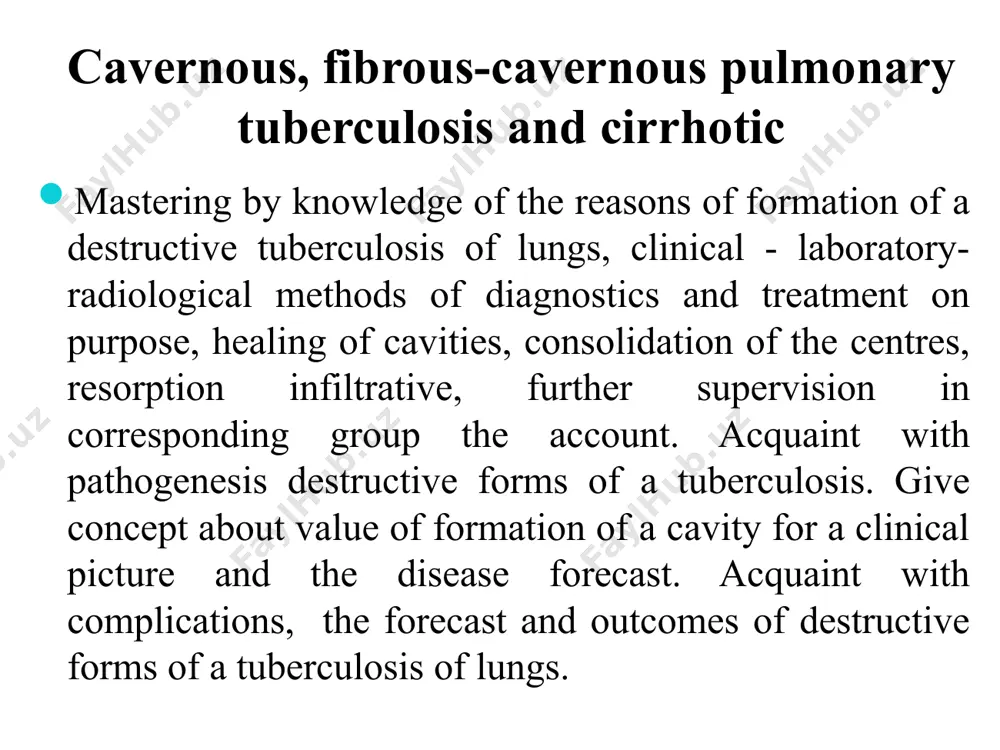 ерналарнинг ҳажми бўйича турлари кичик каверналар - диаметри 2 см гача; ўрта кавернанинг диаметри 2 – 4 см гача; катта кавернанинг диаметри 5-6 см гача; гигант каверналар 8– 10 см дан катта. клиникаси: беморнинг ташқи кўриниши кўпинча деярли ўзгармайди умумий захарланиш белгилари йўтал ва кам миқдорда балғам ажратиши кам холларда қон туфлаш кўкрак қафасида оғриқ сезиш. давоми перкуссияда бироз бўғиқ товуш, каверна сохасида тимпаник товуш. аускультасияда нафас сустлиги, бронхиал, амфорик товуш. майда ва ўртача нам хириллашлар (каверноз ва паракаверноз). рентгенограммада юқори қисмида жойлашган овал шакллидаги халқасимон соя ички контури текис, ташқариси ноаниқ қалинлиги 2-3 мм ни ташкил этади атрофида янги туберкулез ўчоклари рентгенографияда ўпканинг юқори қисмида думалоқ ёки овал шаклидаги халқасимон соя. халқасимон соя атрофида кам миқдорда янги туберкулез ўчоқлари. халқанинг ички контури текис ташқариси ноаниқ. халқа деворининг қалинлиги 2-3 мм ни ташкил этади. рентгенограмма дифференциал диагноз ўпка абсцесси ўпка кисталари халтали пневмоплеврит чегараланган пневмоторакс буллез эмфизема бронхоэктазлар ўпка раки …