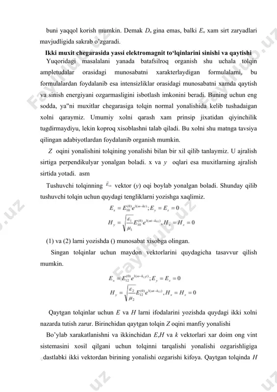 yasini boshqa turdagi energiyaga aylanmasligini korsatadi. ya’ni energiya elektromagnit maydon energiyasi ko’rinishida tola aniqlanadi. adabiyotlar: 1. raximov. u, a, otaqulov b, o “elektrodinamika va nisbiylik nazariyasi” 1-kitob, 51-53 bet. 2. matveev a, n “elektrodinamika” 145-146 betlar 3.madlich r. x “klassik elektrodinamika” 161-173 betlar 4.landau. l. d. lifshis ye. m. “elektrodinamika splonik sred” 346-352 betlar