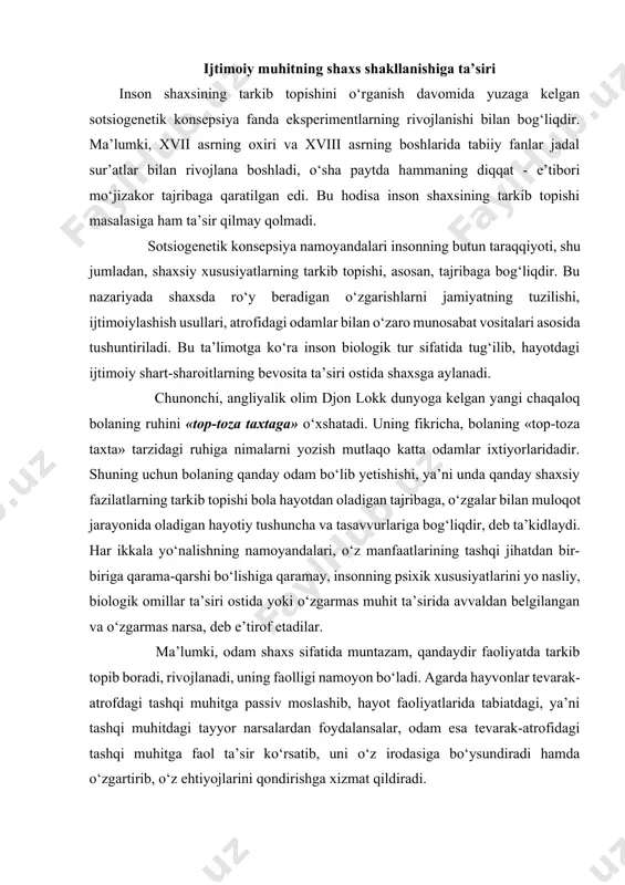 topib boradi, rivojlanadi, uning faolligi namoyon bo‘ladi. agarda hayvonlar tevarak-atrofdagi tashqi muhitga passiv moslashib, hayot faoliyatlarida tabiatdagi, ya’ni tashqi muhitdagi tayyor narsalardan foydalansalar, odam esa tevarak-atrofidagi tashqi muhitga faol ta’sir ko‘rsatib, uni o‘z irodasiga bo‘ysundiradi hamda o‘zgartirib, o‘z ehtiyojlarini qondirishga xizmat qildiradi. kuzatishlar jarayonida shu narsa ma’lum bo‘ldi-ki, odamdagi tug‘ma irsiy mexanizmlari uning psixik rivojlanishiga ta’sir ko‘rsatadi-yu, biroq uning mazmunini ham, shaxsiy fazilatlarini ham belgilab bera olmaydi. ta’kidlash zarurki, muhit ham bola psixikasida rivojlantirishda muayyan rol o‘ynaydi. faqat, buning uchun bolani o‘qitayotgan kishilarning ta’siri natijasida bola ana shu muhitni faol ravishda o‘rganib olishi, tabiiydir. inson shaxsi tuzilishida biologik (tabiiy) va ijtimoiy omillarning o‘zaro nisbati masalasi hozirgi zamon psixologiyasidagi eng murakkab va munozarali masalalardan biridir. psixologiyada shaxsda ikkita omil - biologik va ijtimoiy omillar ta’siri ostida shakllangan ikkita asosiy kichik struktura borligini alohida ta’kidlaydigan nazariya sezilarli o‘rin egallaydi. psixik taraqqiyot, yosh bosqichlari va yosh inqirozlari hurriyat - boy ma’naviyat va ruhiyat …