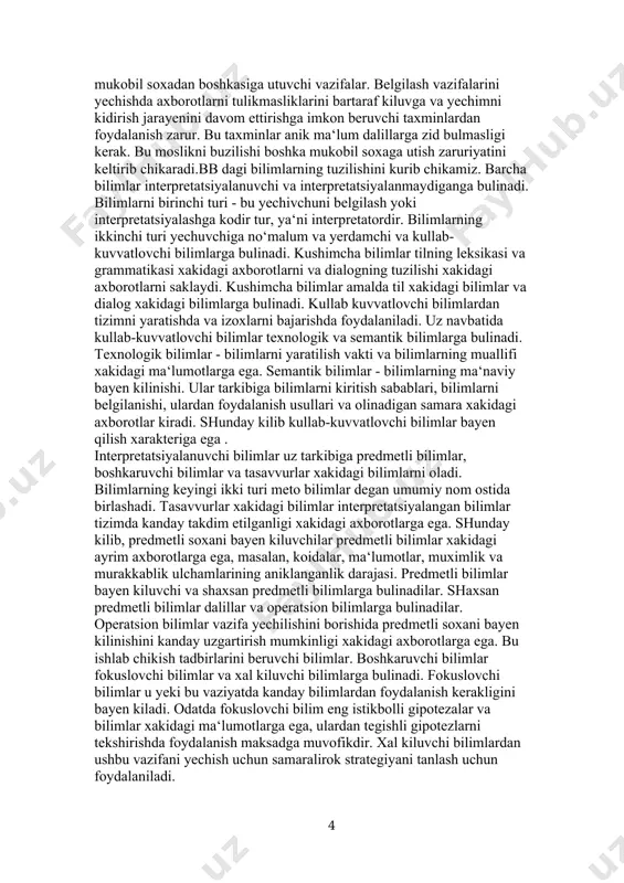 vazifalarni yechishda foydalaniladigan xulosalar koidalari predmetli soxani kayta uzgartiradi, ammo tizimni ushbu predmetli soxa doirasidan tashkariga chikarib tashlamaydi. bunda kuyidagi muammolar vujudga keladi: predmetli soxani kayta uzgartirish mumkinmi va yechilayetgan vazifaning shartlarini kanoatlantirish uchun uni kanday kilib kayta uzgartirish kerak. kayta uzgartirishni yechishda ma‘lumotlar ishchi soxaga kelib tushadi va chikib ketadi, chunki ma‘lumotlar yangi xolatga utishda predmetli soxaning ushbu yangi xolatiga mos kelishlari kerak. predmetli soxani belgilash vazifasi - bu yechilishini borishida tizim bitta mukobil soxadan boshkasiga utuvchi vazifalar. belgilash vazifalarini yechishda axborotlarni tulikmasliklarini bartaraf kiluvga va yechimni kidirish jarayenini davom ettirishga imkon beruvchi taxminlardan foydalanish zarur. bu taxminlar anik ma‘lum dalillarga zid bulmasligi kerak. bu moslikni buzilishi boshka mukobil soxaga utish zaruriyatini keltirib chikaradi.bb dagi bilimlarning tuzilishini kurib chikamiz. barcha bilimlar interpretatsiyalanuvchi va interpretatsiyalanmaydiganga bulinadi. bilimlarni birinchi turi - bu yechivchuni belgilash yoki interpretatsiyalashga kodir tur, ya‘ni interpretatordir. bilimlarning ikkinchi turi yechuvchiga no‘malum va yerdamchi va kullab-kuvvatlovchi bilimlarga bulinadi. …