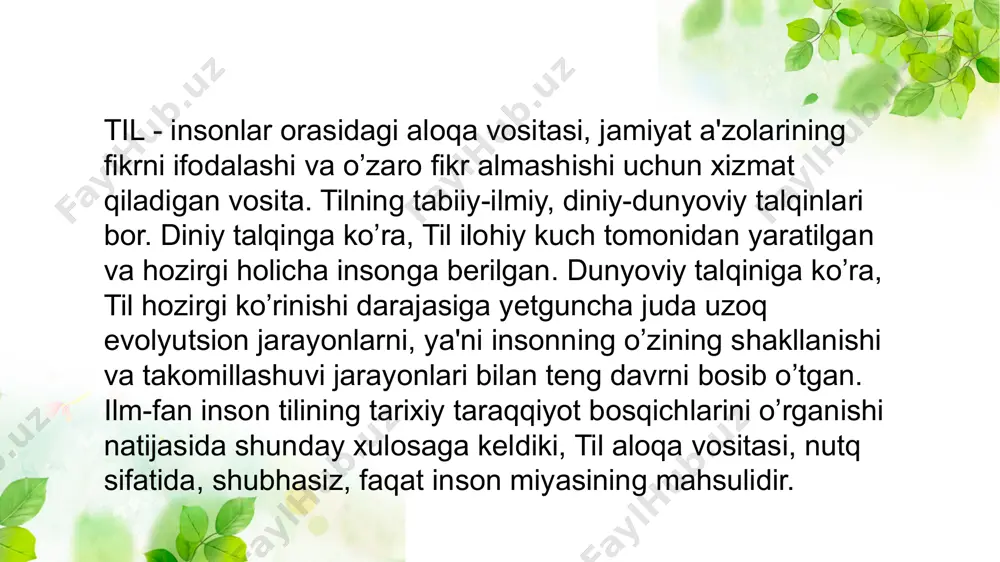 urkiy tillar kabi agglyutinativ tildir. o‘zbekiston respublikasi oliy majlisi palatalari, madaniyat vazirligi, o‘zbekiston yozuvchilar uyushmasi, respublika ma’naviyat va ma’rifat markazi, o‘zbekiston yoshlar ittifoqi, o‘zbekiston xotin-qizlar qo‘mitasi, “taraqqiyot strategiyasi” markazi va keng jamoatchilikning o‘zbek tiliga davlat tili maqomi berilgan kun — 21-oktabr sanasini “o‘zbek tili bayrami kuni” deb e’lon qilish to‘g‘risidagi taklifi ma’qullansin. o‘zbek tili siyosiy-huquqiy, ijtimoiy-iqtisodiy, ma’naviy-ma’rifiy jabhalarda faol qo‘llanib, xalqaro minbarlarda baralla yangramoqda. xorijiy mamlakatlarda tilimizga e’tibor va uni o‘rganishga qiziqish kuchaymoqda. bugungi globallashuv davrida har bir xalq, har qaysi mustaqil davlat o‘z milliy manfaatlarini ta’minlash, bu borada avvalo o‘z madaniyatini, azaliy qadriyatlarini, ona tilini asrab-avaylash va rivojlantirish masalasiga ustuvor ahamiyat qaratishi tabiiydir. o‘zbek tilida to‘g‘ri, ifodali so‘zlash va yozish, ona tilimizning sofligi va boyligi to‘g‘risida tinmay g‘amxo‘rlik qilish, uning iste’mol doirasini kengaytirib berish davlatimiz fuqarolarining burchi sanaladi. xususan, har birimiz o‘zbek tilidagi so‘z boyligimizni oshirishimiz hamda til imkoniyatlaridan o‘rinli foydalanishga doimo harakat qilishimiz foydalidir. so‘z fikrning qurolidir, kishi …