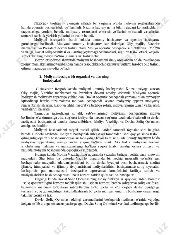 un moliyaviy boshqaruvning umumiy uslub va qoidalari mavjuddir. jumladan, moliyani boshqarishda bir nechta umumiy xususiyatga ega bo‘lgan funksional elementlar mavjud. 1. rejalashtirish; 2. operativ boshqarish; 3. nazorat. moliyani boshqarish funksional elementlari ichida asosiy o‘rinni rejalashtirish tashkil qiladi. chunki aynan rejalashtirishda sub’ekt har tomonlama o‘zining moliyaviy holatini baholay oladi, ya’ni moliyaviy resurslarning qanday holatdaligi, qanday ko‘rsatkichlar moliyaviy resurslardan ustivor ahamiyatga molik bo‘lgan yo‘nalishlarda foydalanilishi va h.k. sub’ekt moliyani boshqarish qarorini juda to‘g‘ri va to‘liqligicha ishonchli bo‘lgan moliyaviy ma’lumotlarga tayangan holda tasdiklaydi. aks holda salbiy natijalarga duch kelish tabiiydir. operativ boshqarish bu - minimal harajat qilib maksimal samaraga erishish va moliyaviy resurslarni yuqori samara olish uchun qayta taqsimlashga qaratilgan kompleks ishlar yig‘indisidir. operativ boshqarish egiluvchanlik xususiyatiga egadir. nazorat - boshqaruv elementi sifatida bir vaqtning o‘zida moliyani rejalashtirishda hamda operativ boshqarishda qo‘llaniladi. nazorat haqiqiy natija bilan rejadagi ko‘rsatkichlarni taqqoslashga yordam beradi, moliyaviy resurslarni o‘stirish yo‘llarini ko‘rsatadi va ulardan samarali xo‘jalik yuritish yullarini ko‘rsatib …